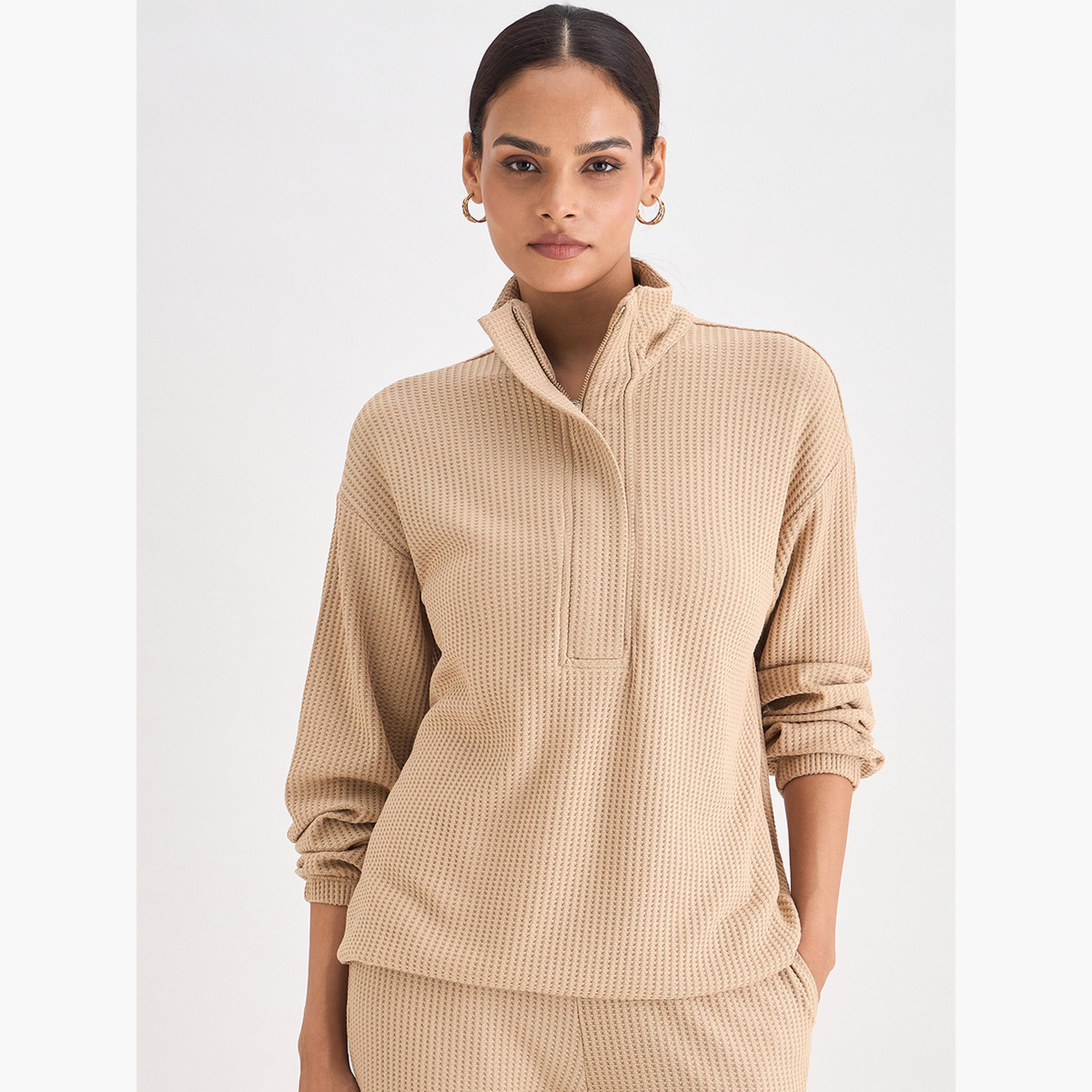 بلوزة بسحاب محبوكة بنمط وافل-women-clothing-tshirts-image-1