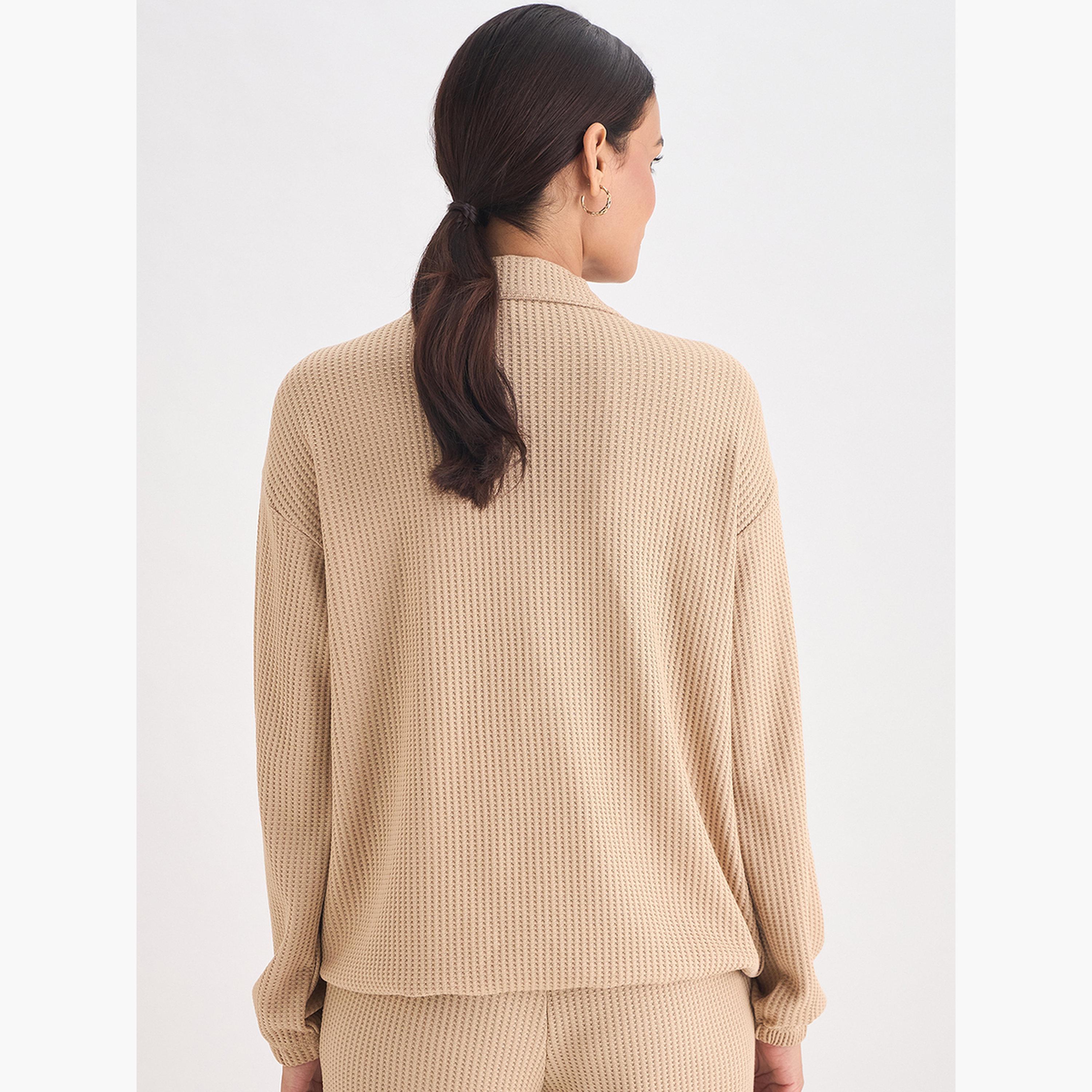 بلوزة بسحاب محبوكة بنمط وافل-women-clothing-tshirts-image-2