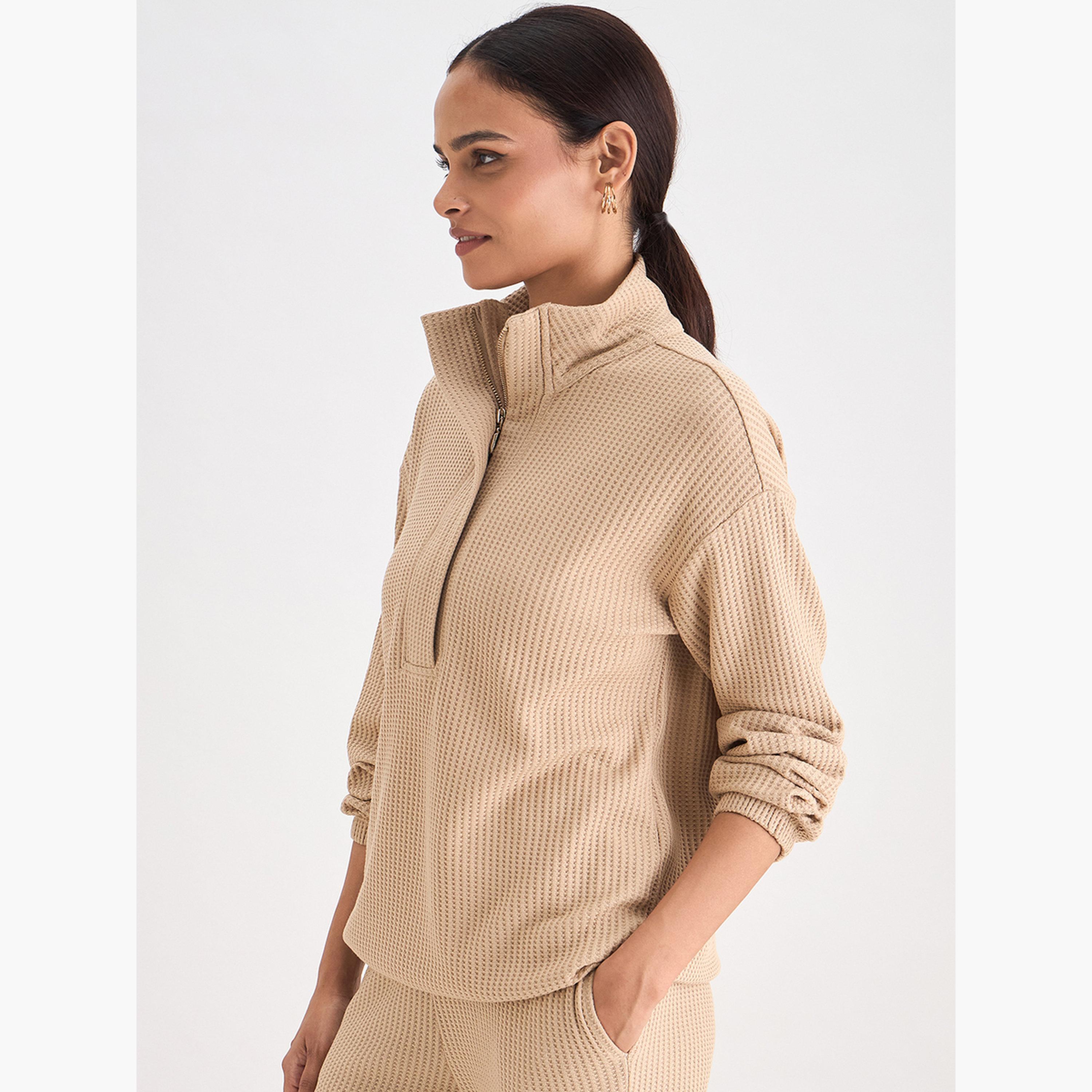 بلوزة بسحاب محبوكة بنمط وافل-women-clothing-tshirts-image-6