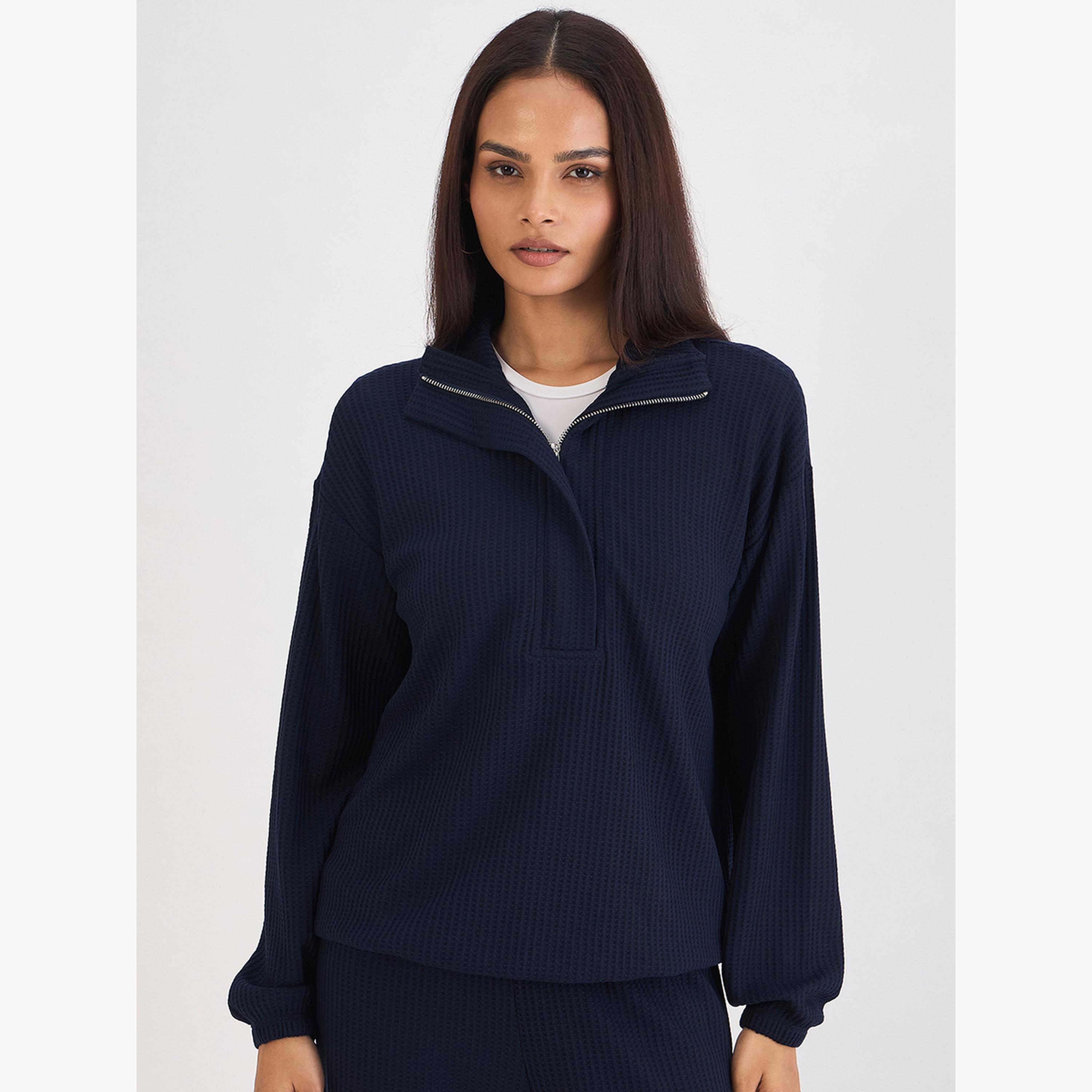 Femmella Women Navy Waffle Knit Long Sleeve Top-women-clothing-tshirts-image-1