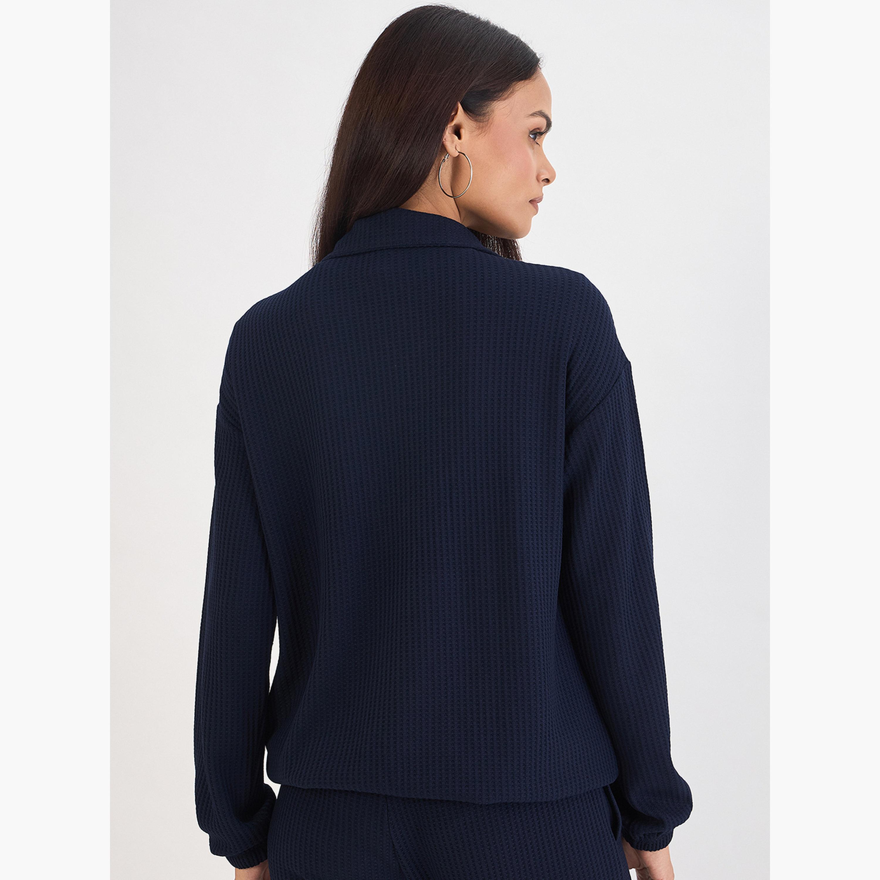 Femmella Women Navy Waffle Knit Long Sleeve Top-women-clothing-tshirts-image-2