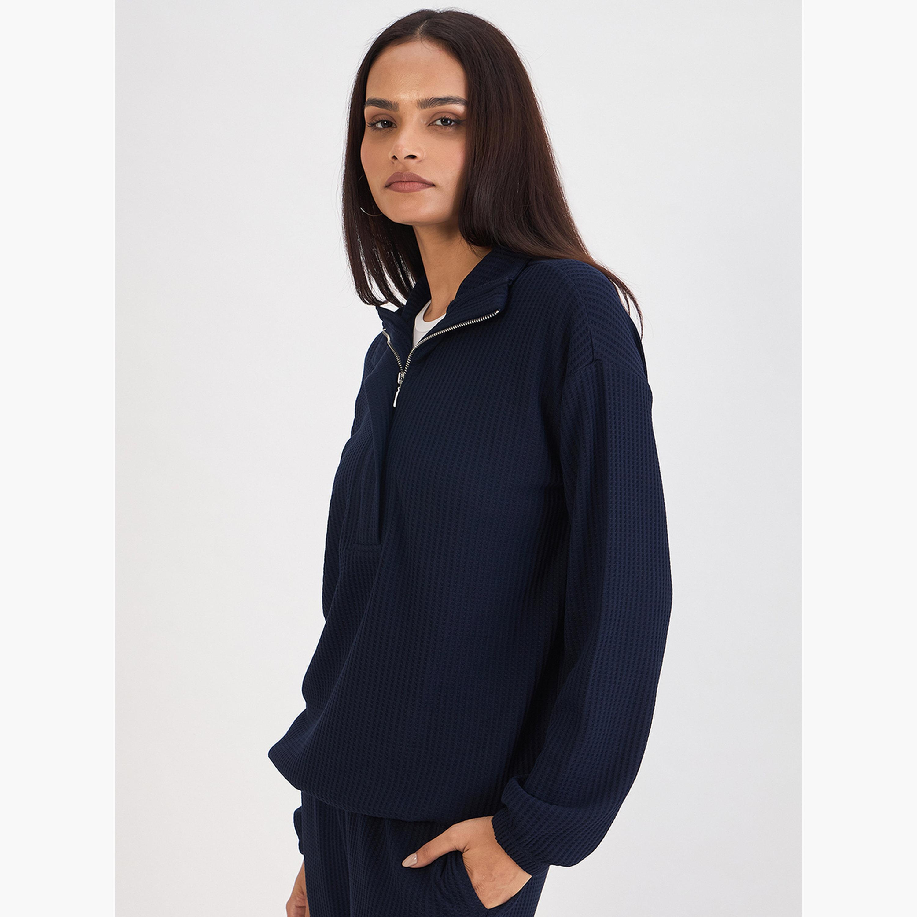 Femmella Women Navy Waffle Knit Long Sleeve Top-women-clothing-tshirts-image-3