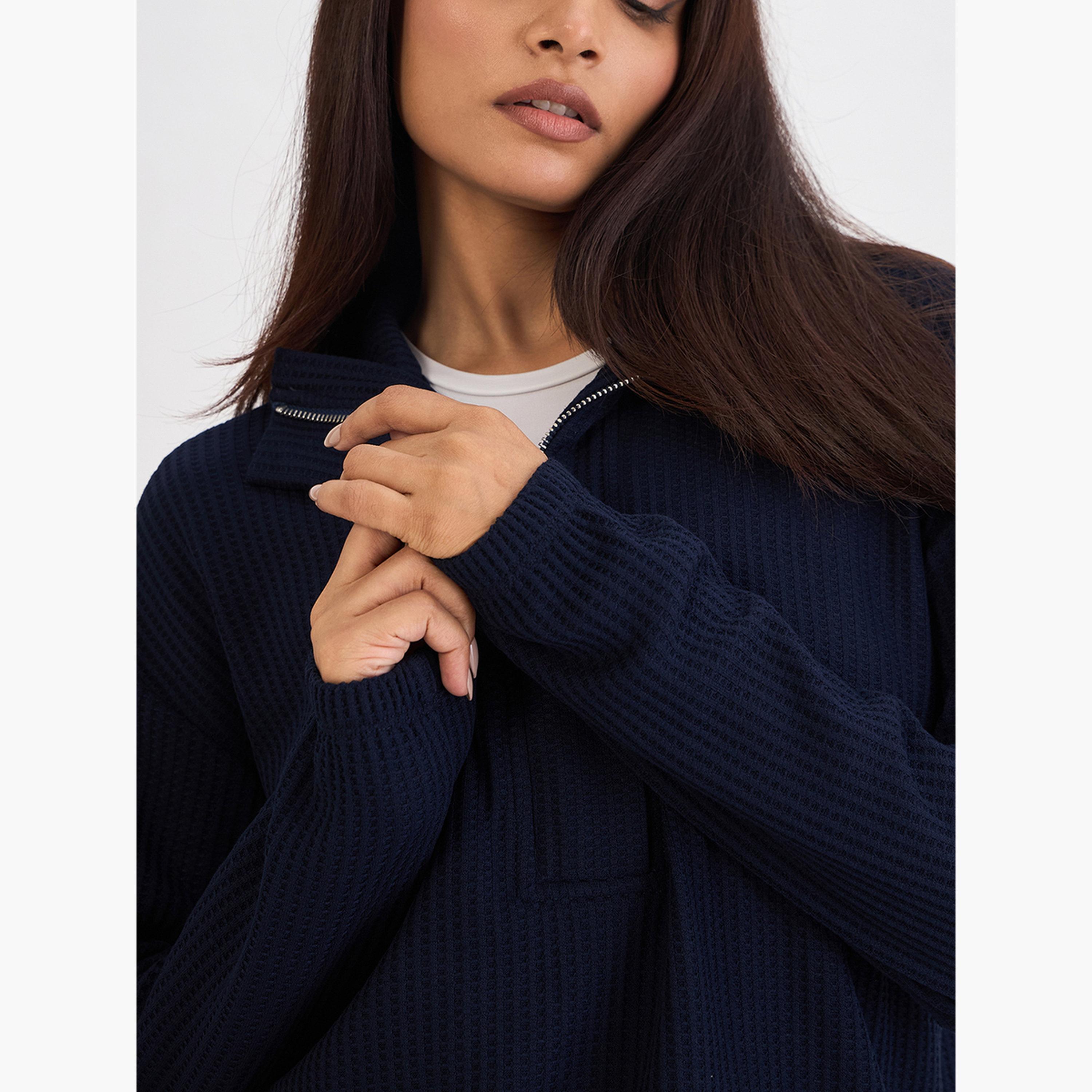 Femmella Women Navy Waffle Knit Long Sleeve Top-women-clothing-tshirts-image-4
