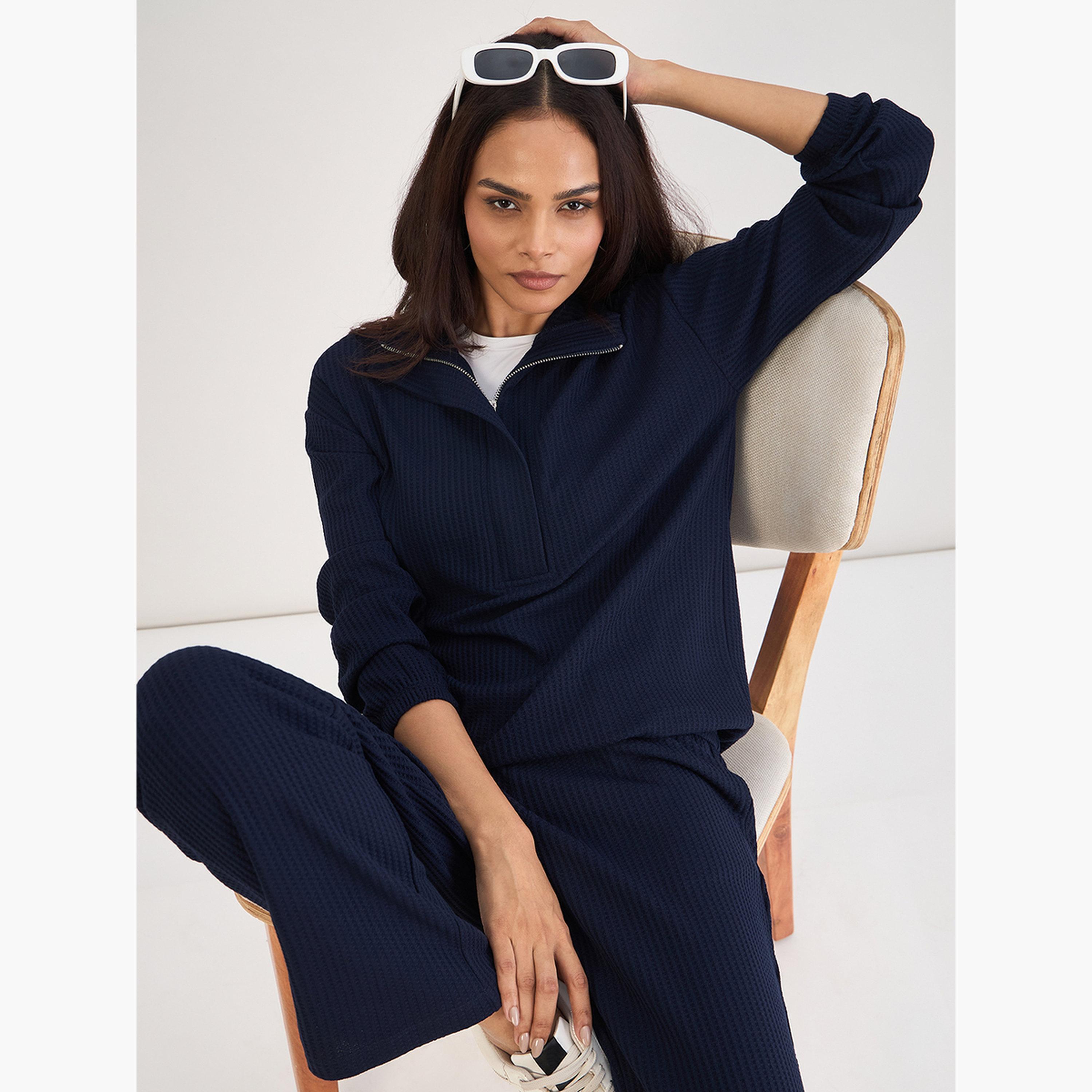 Femmella Women Navy Waffle Knit Long Sleeve Top-women-clothing-tshirts-image-5