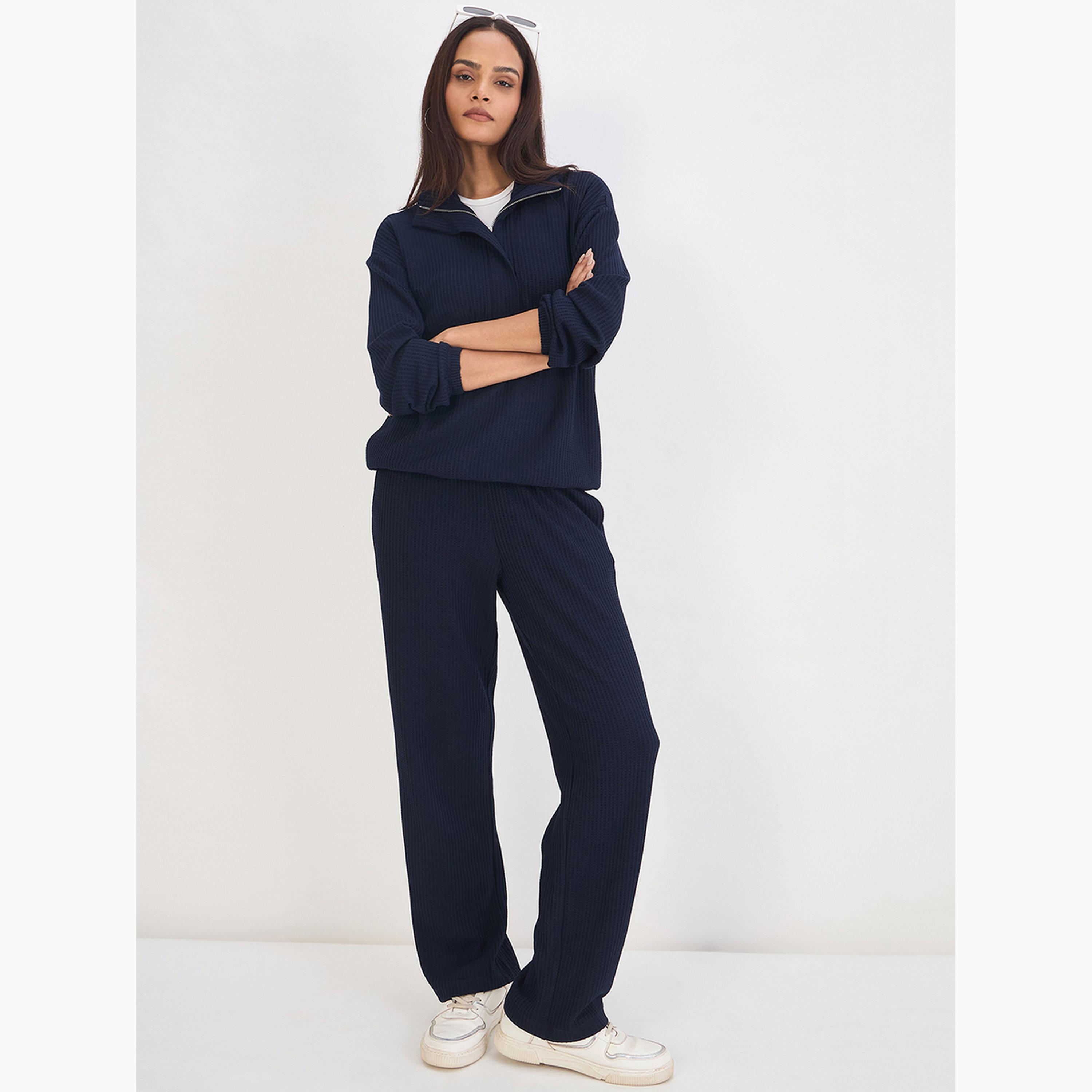 Femmella Women Navy Waffle Knit Long Sleeve Top-women-clothing-tshirts-image-6