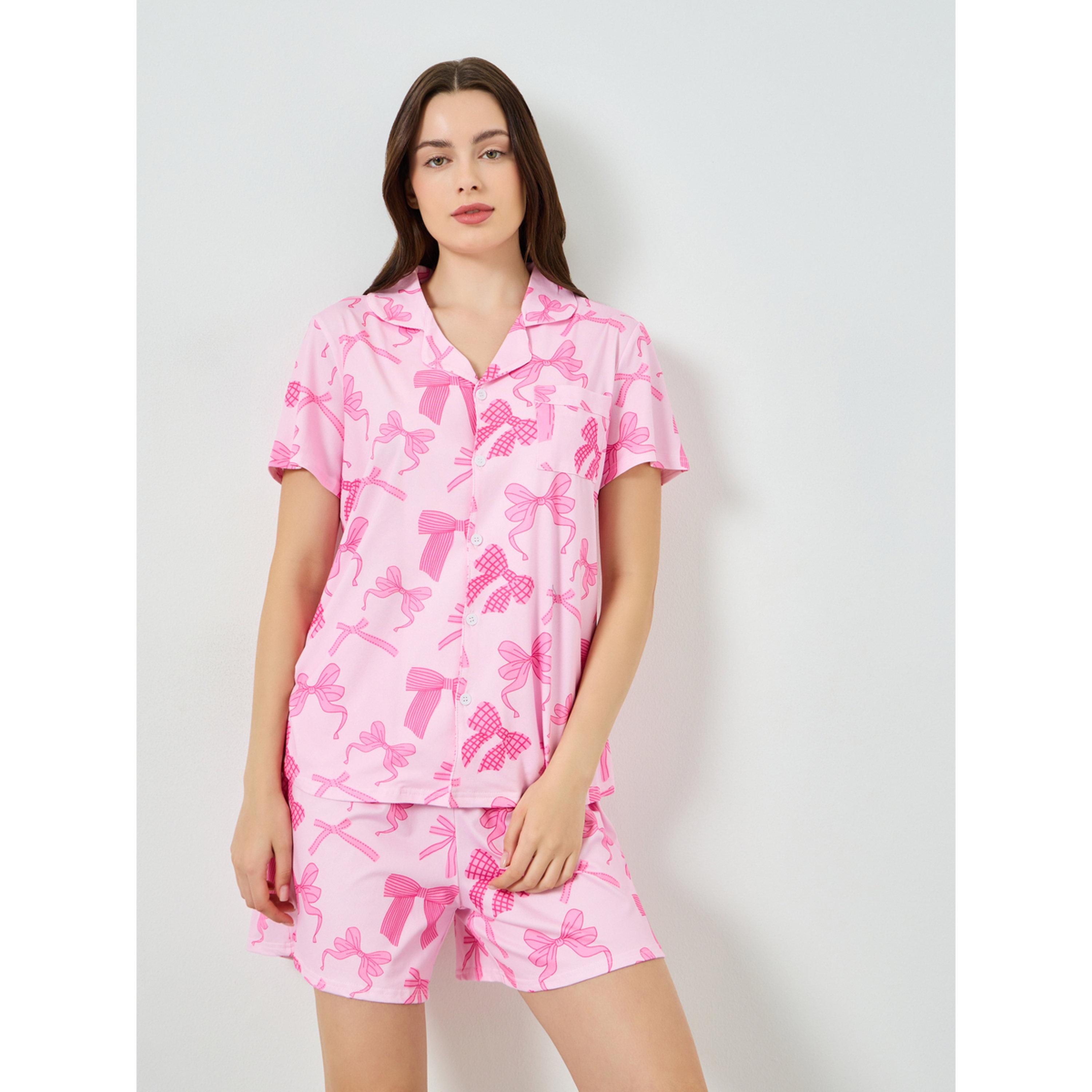 طقم من بلوزة بأزرار وطبعة عقدة وشورت-women-clothing-nightwear-pyjamas-shortsets-image-5