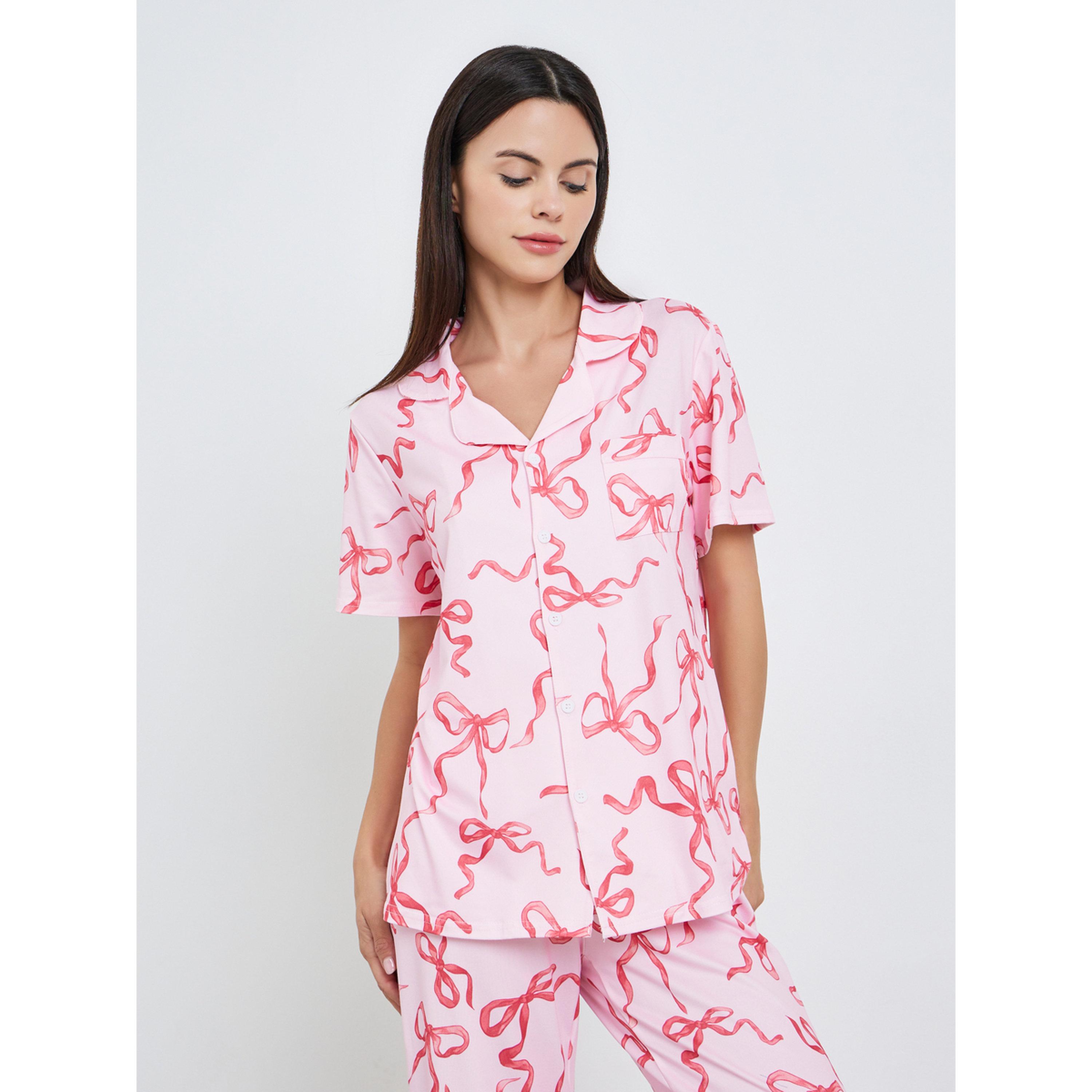 طقم بيجاما من بنطال وبلوزة بأزرار وطبعة فيونكة-women-clothing-nightwear-pyjamas-longsets-image-3