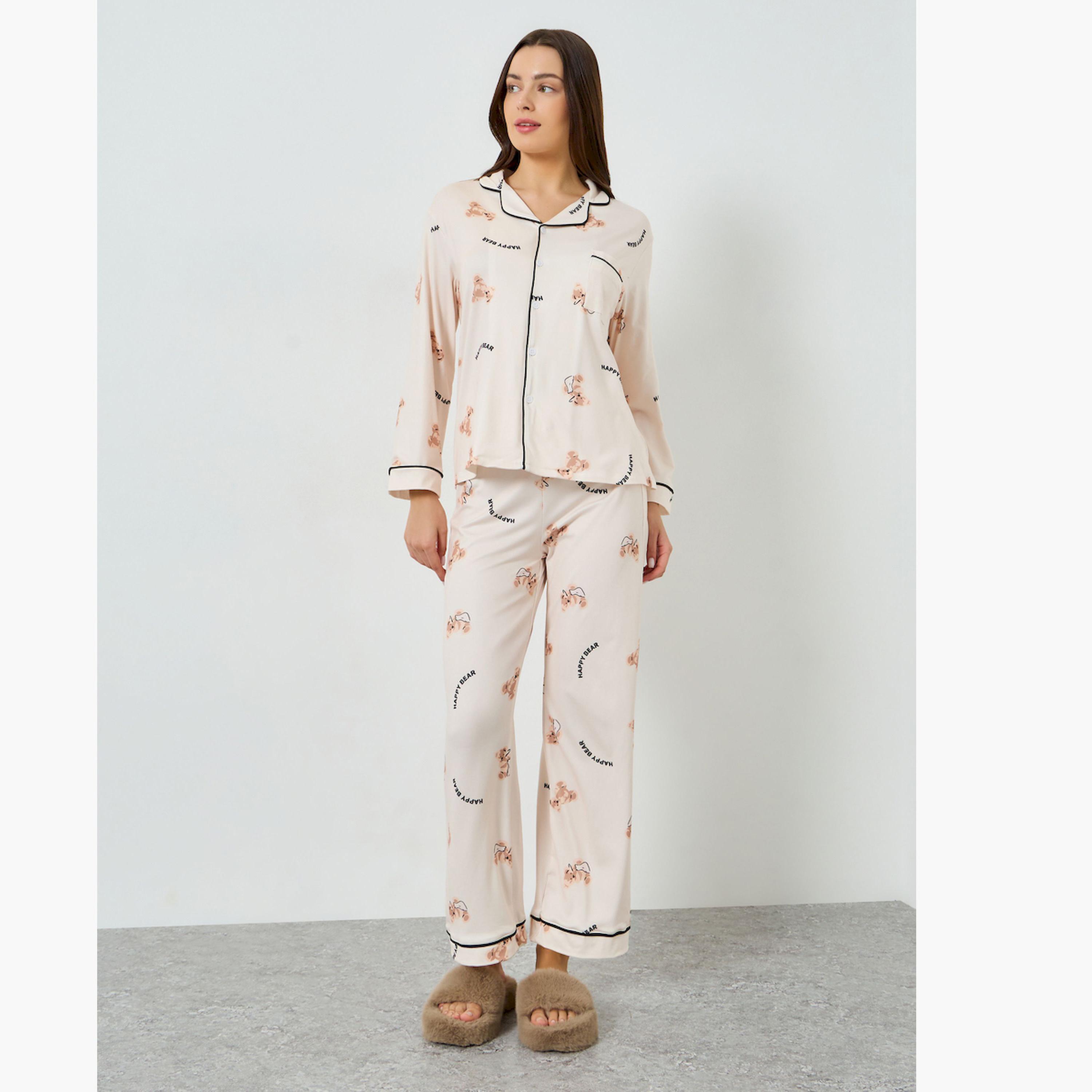 Styli Teddy Print Buttoned Shirt and Pyjama Set-women-clothing-nightwear-pyjamas-longsets-image-1