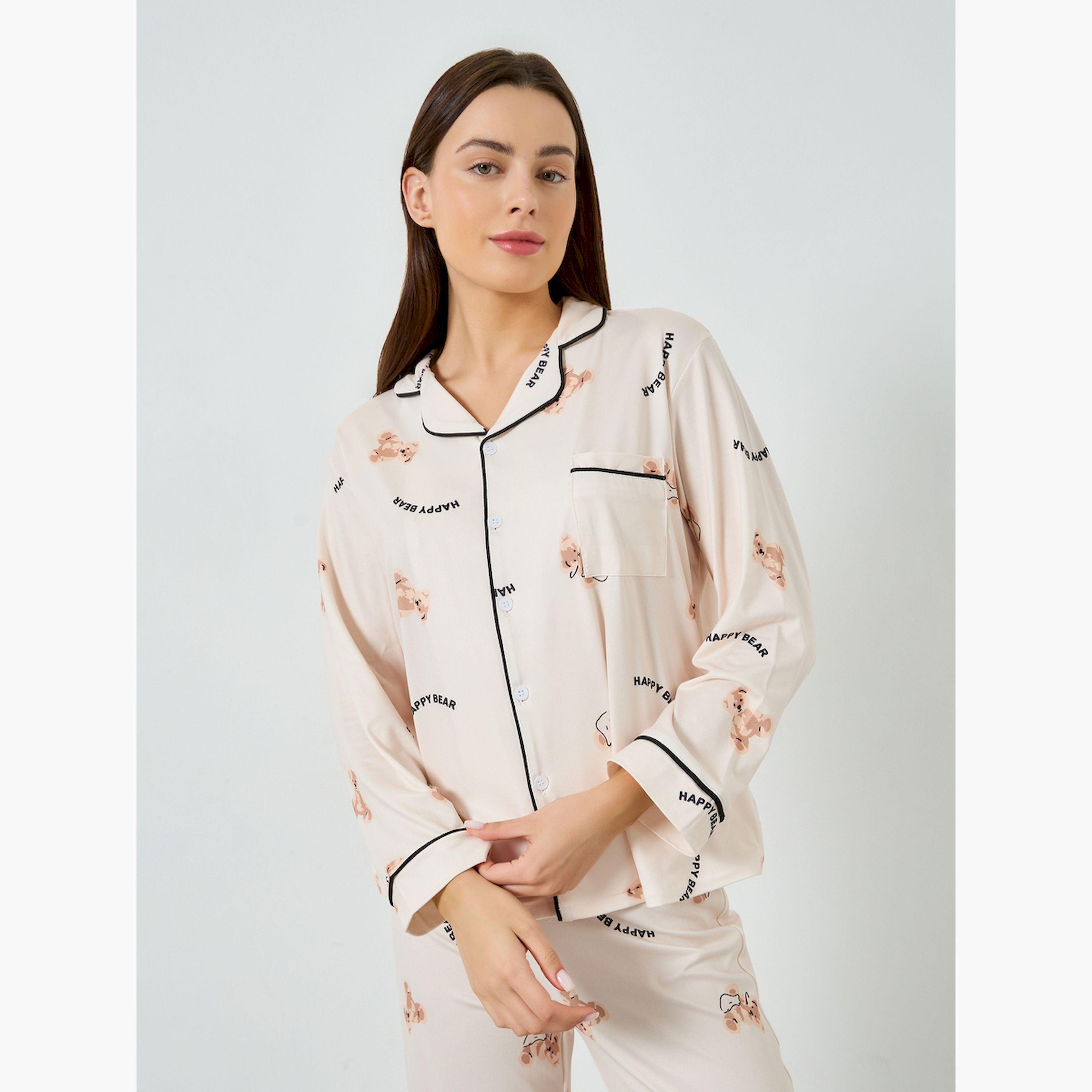 مجموعة من بيجاما وقميص بأزرار وطبعة دب-women-clothing-nightwear-pyjamas-longsets-image-2