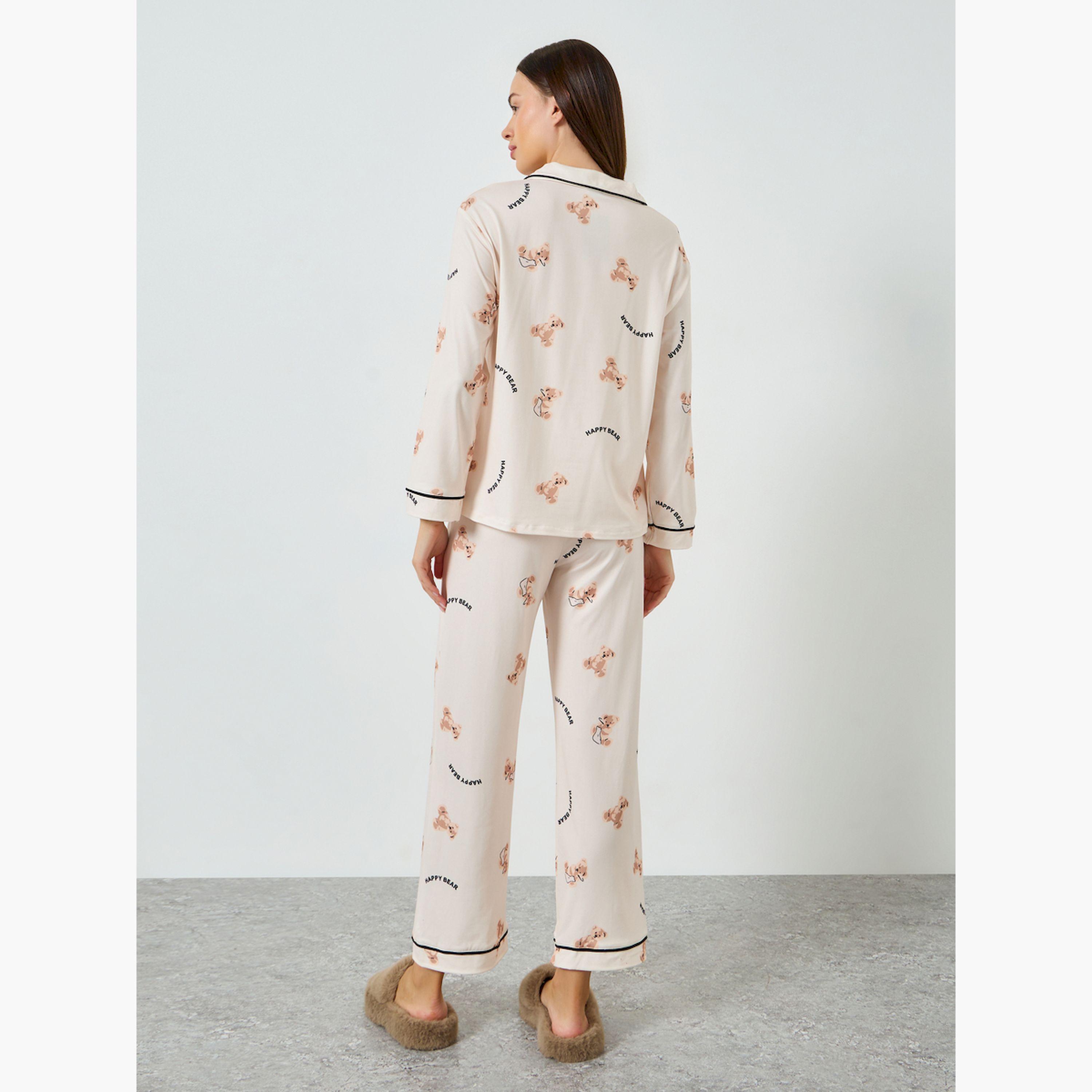 Styli Teddy Print Buttoned Shirt and Pyjama Set-women-clothing-nightwear-pyjamas-longsets-image-3