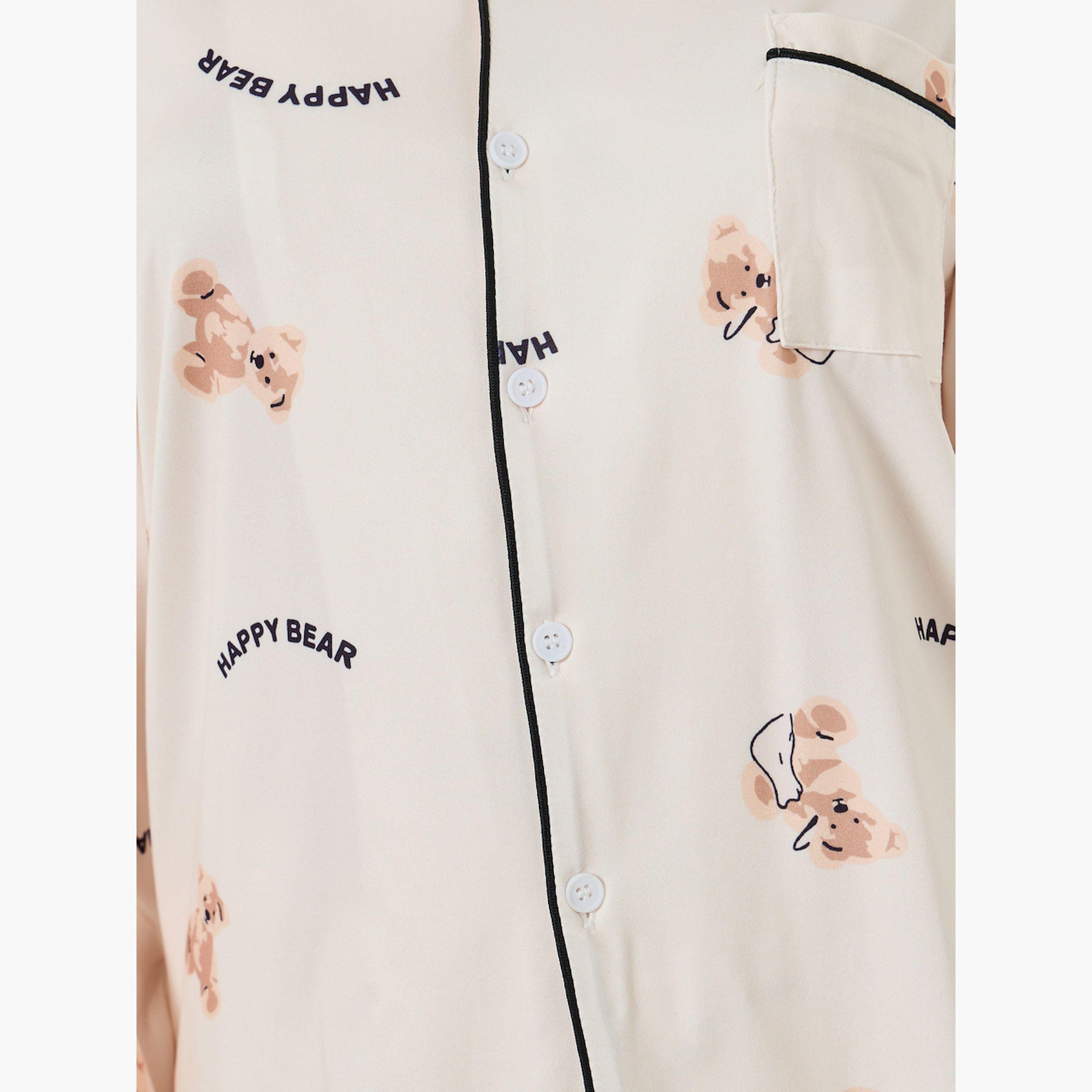 Styli Teddy Print Buttoned Shirt and Pyjama Set-women-clothing-nightwear-pyjamas-longsets-image-5