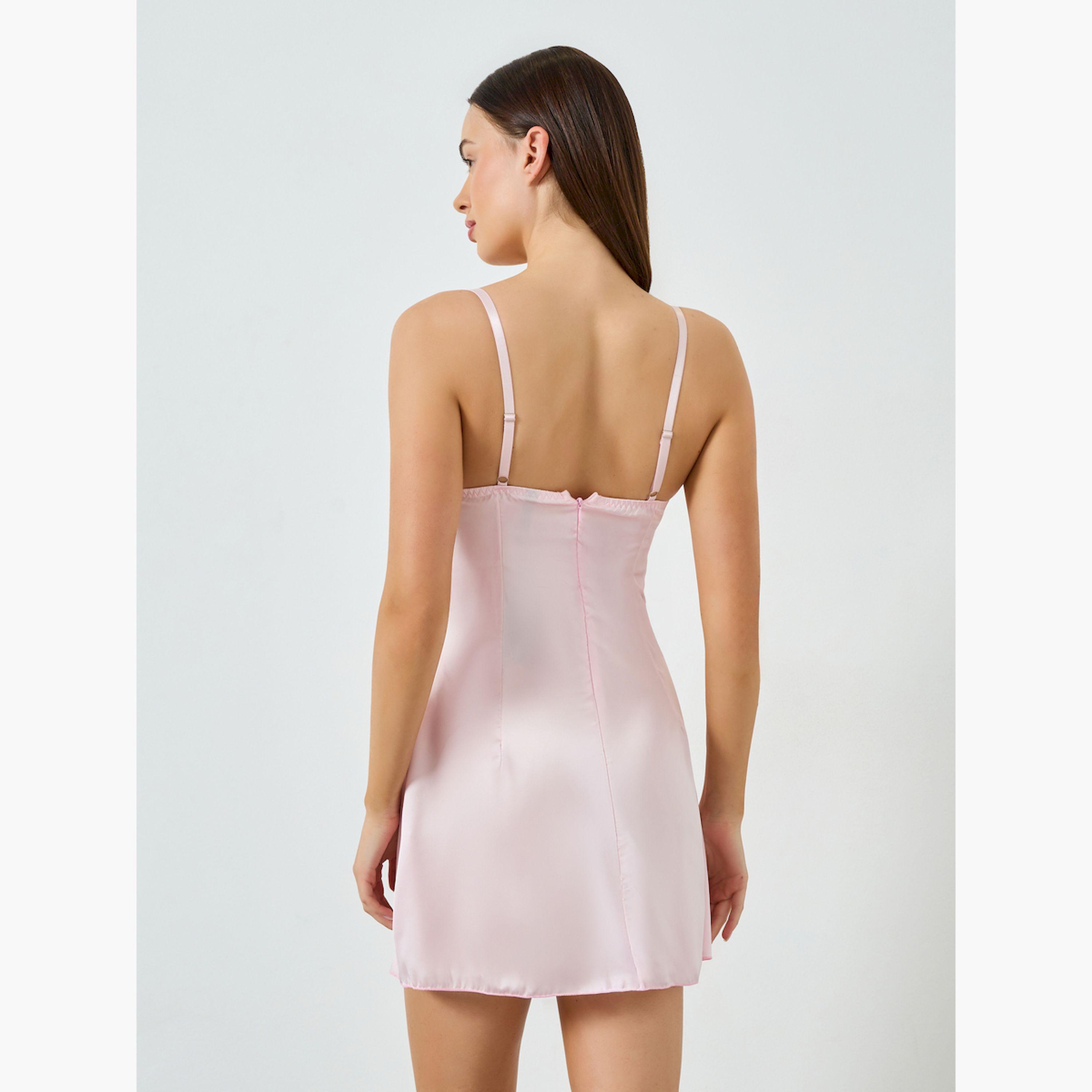 Styli Light Pink Lace Trim Satin Slip Dress with Brief-women-clothing-lingerie-lingeriesets-image-2