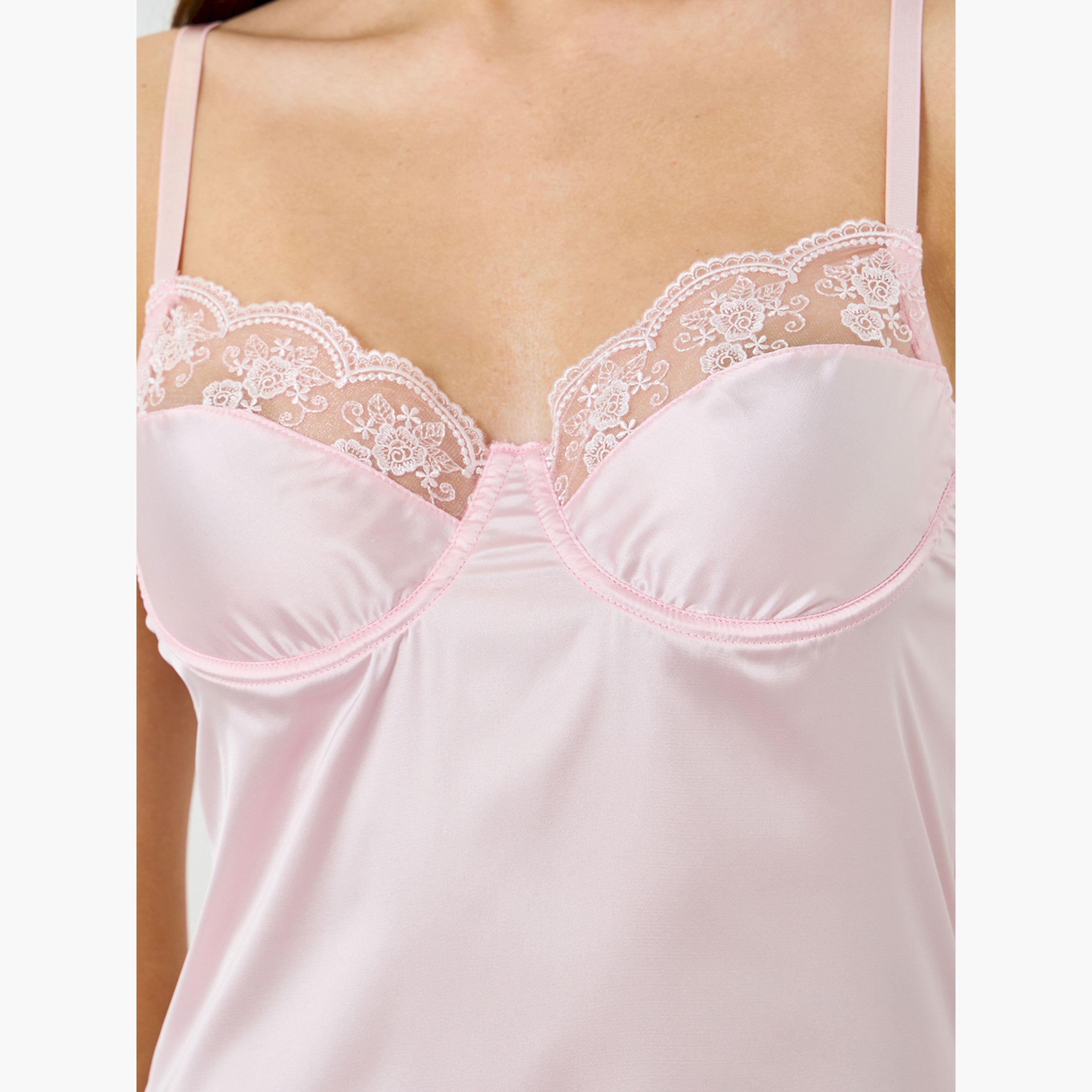 Styli Light Pink Lace Trim Satin Slip Dress with Brief-women-clothing-lingerie-lingeriesets-image-3