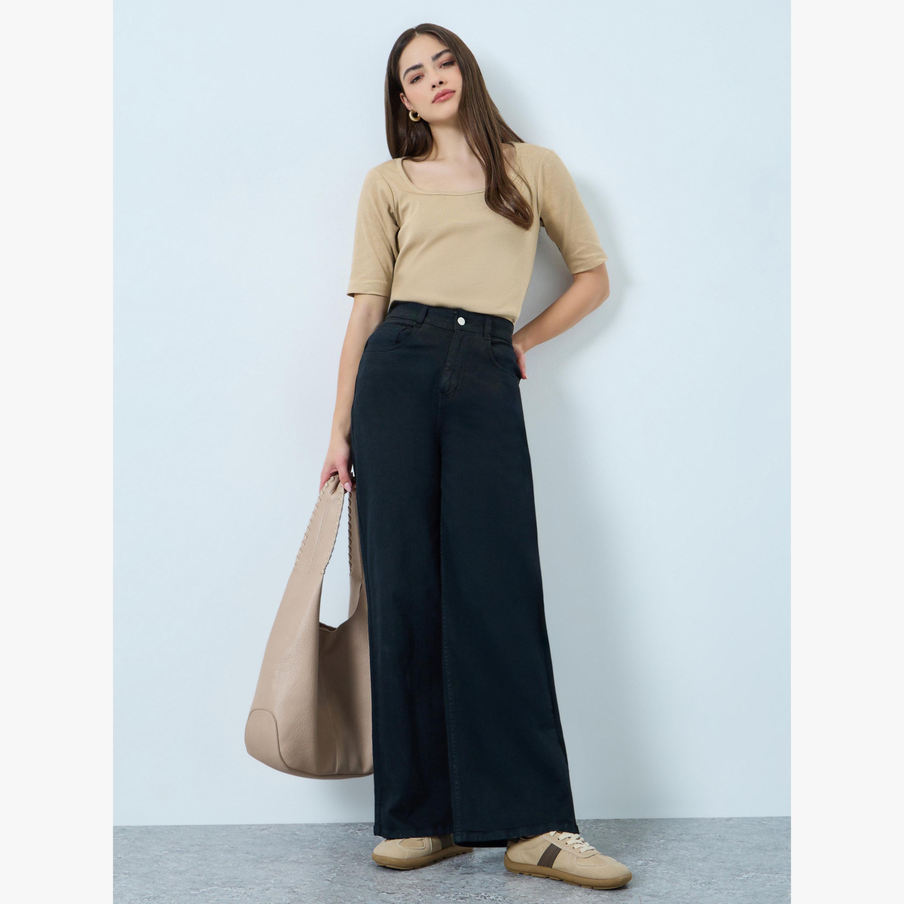 Styli Beige Square Neck Slim Fit T-Shirt-women-clothing-tshirts-image-2