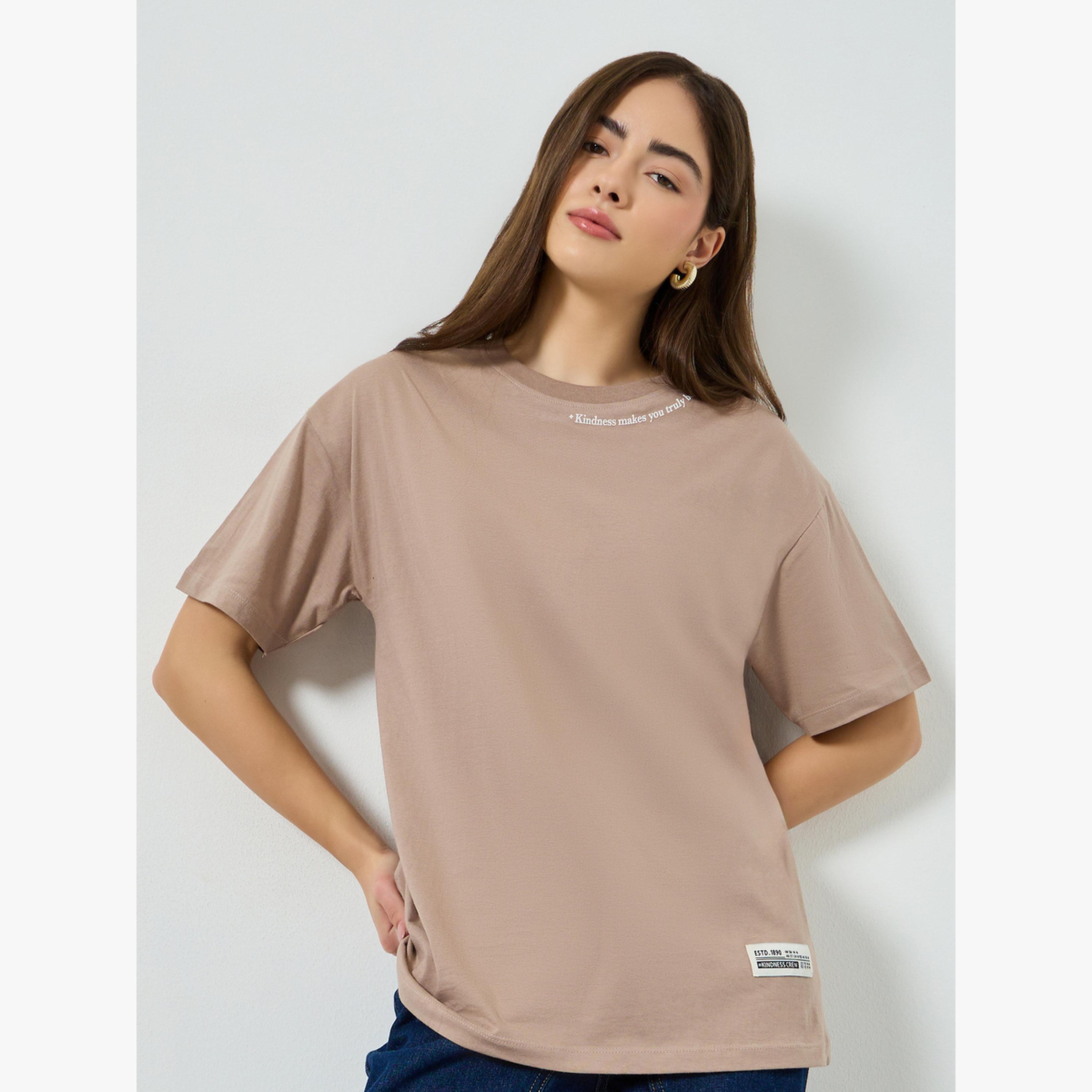 Styli Brown Oversized Crew Neck Cotton T-Shirt-women-clothing-tshirts-image-1