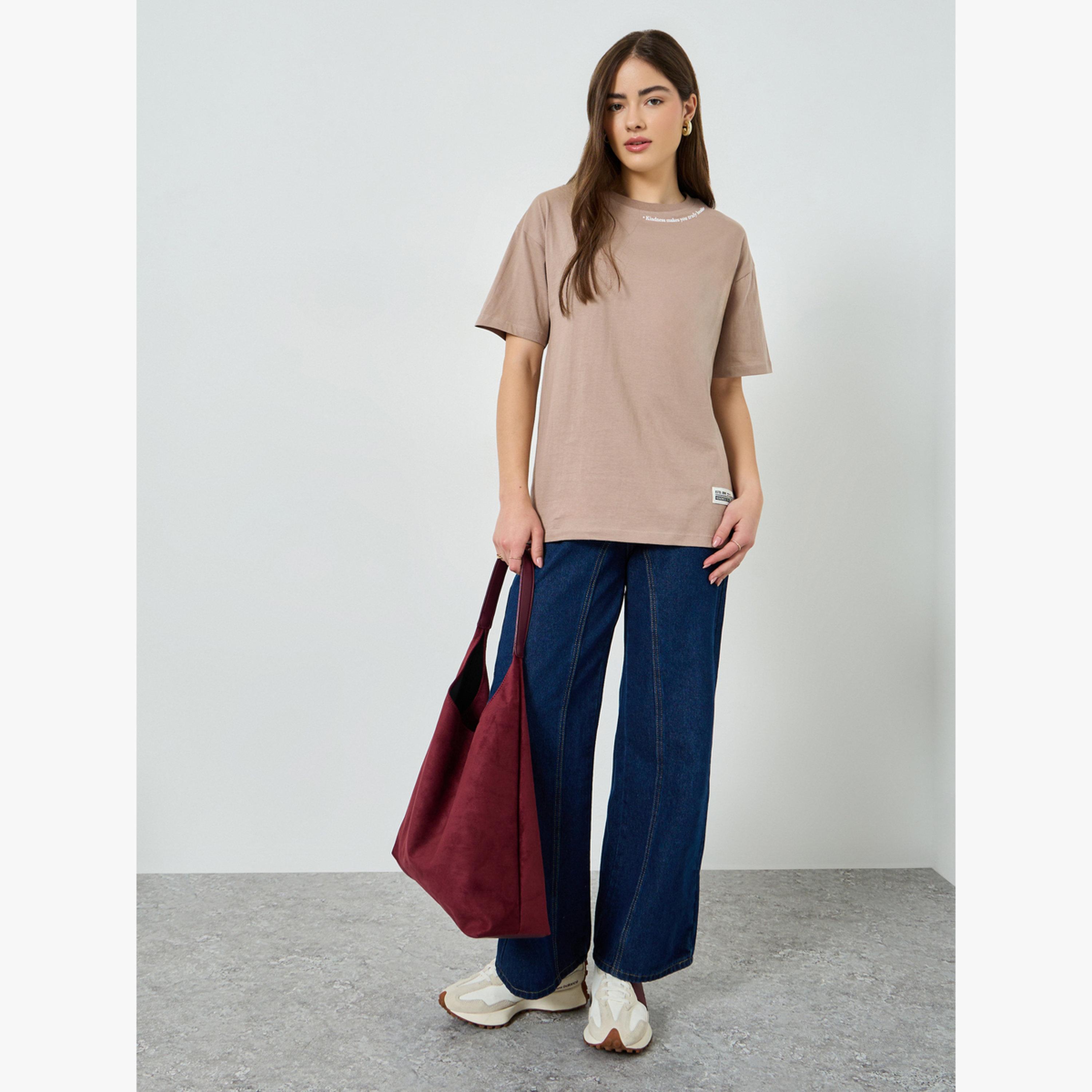 Styli Brown Oversized Crew Neck Cotton T-Shirt-women-clothing-tshirts-image-2