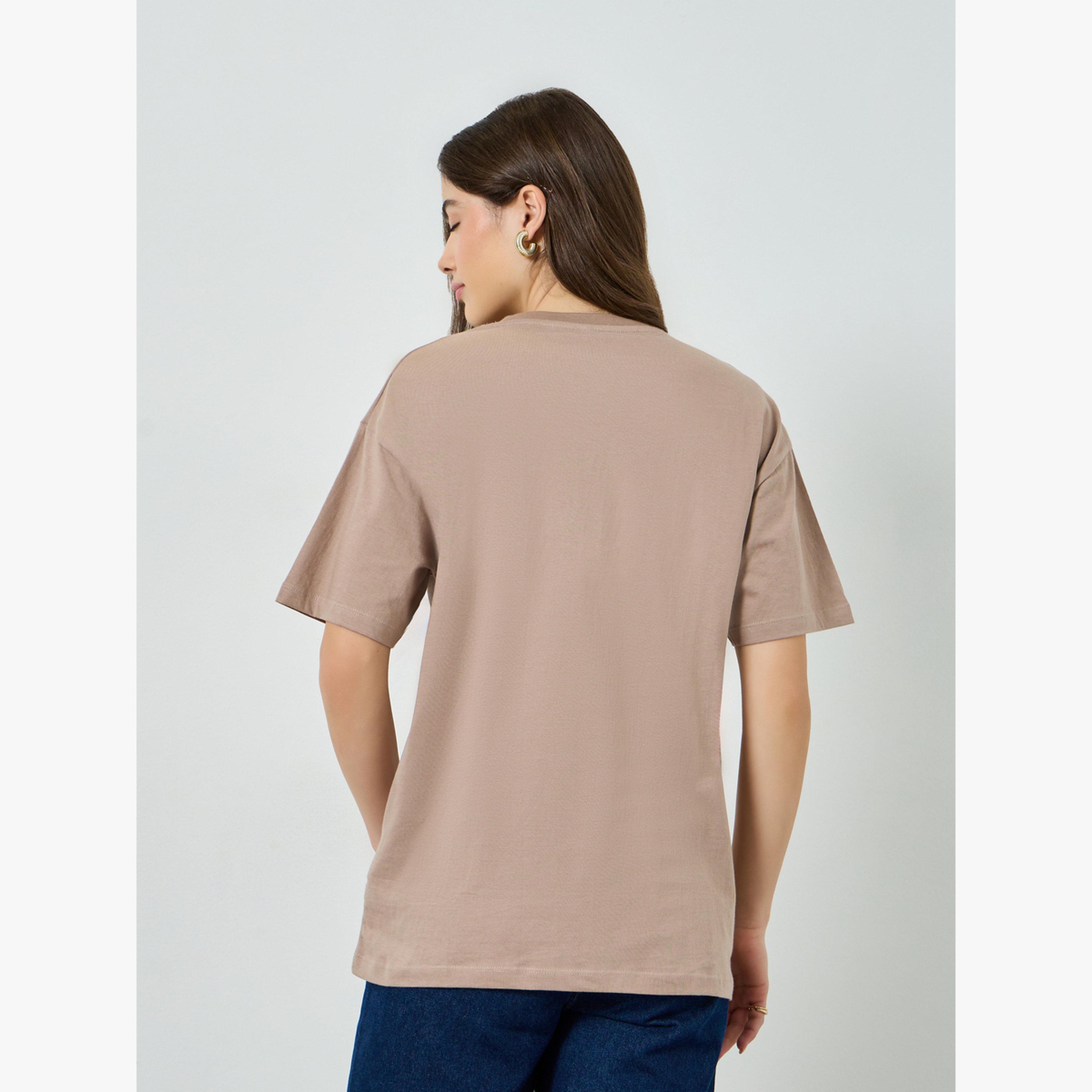 Styli Brown Oversized Crew Neck Cotton T-Shirt-women-clothing-tshirts-image-3