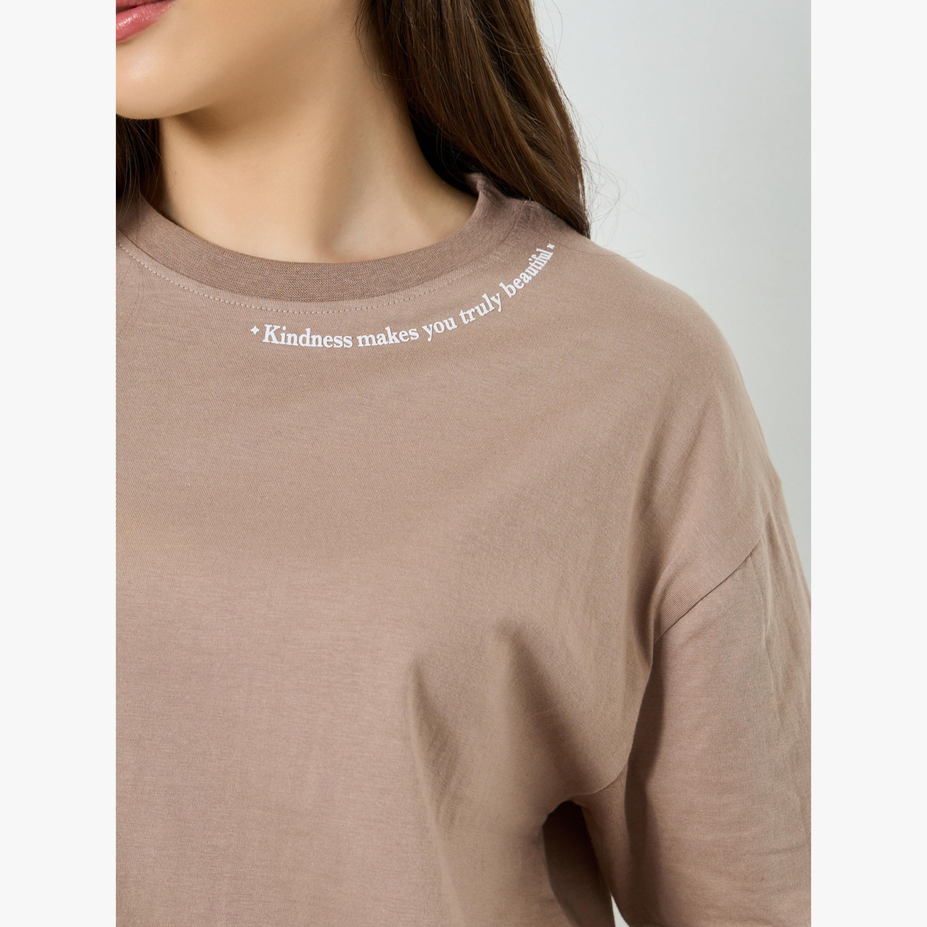 Styli Brown Oversized Crew Neck Cotton T-Shirt-women-clothing-tshirts-image-5
