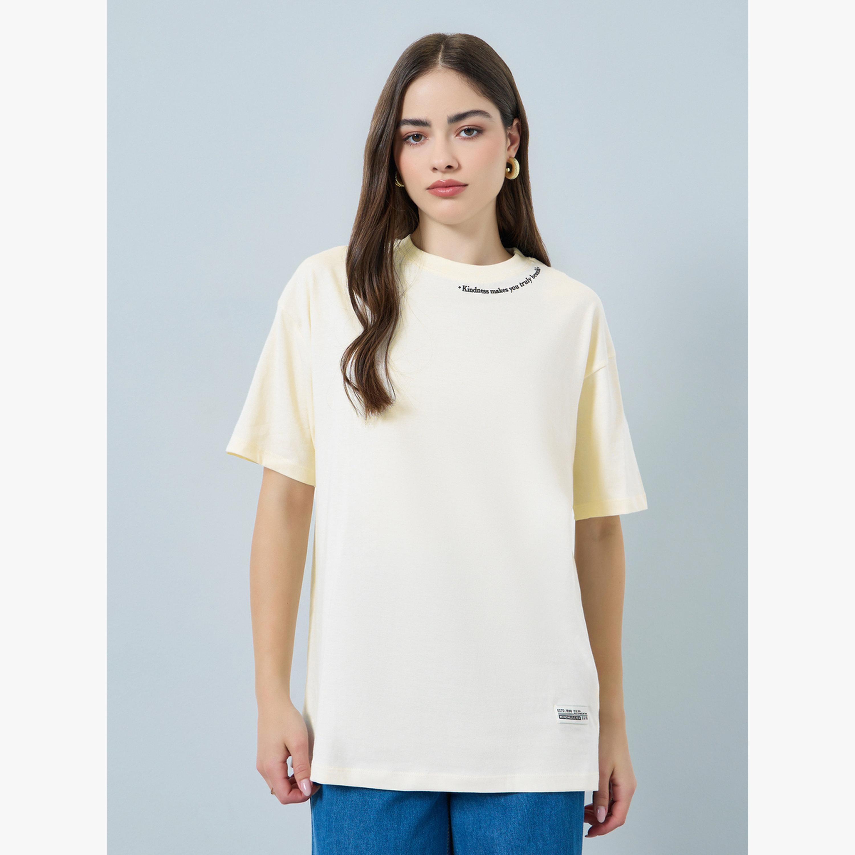 Styli Cream Oversized Crew Neck Cotton T-Shirt-women-clothing-tshirts-image-1