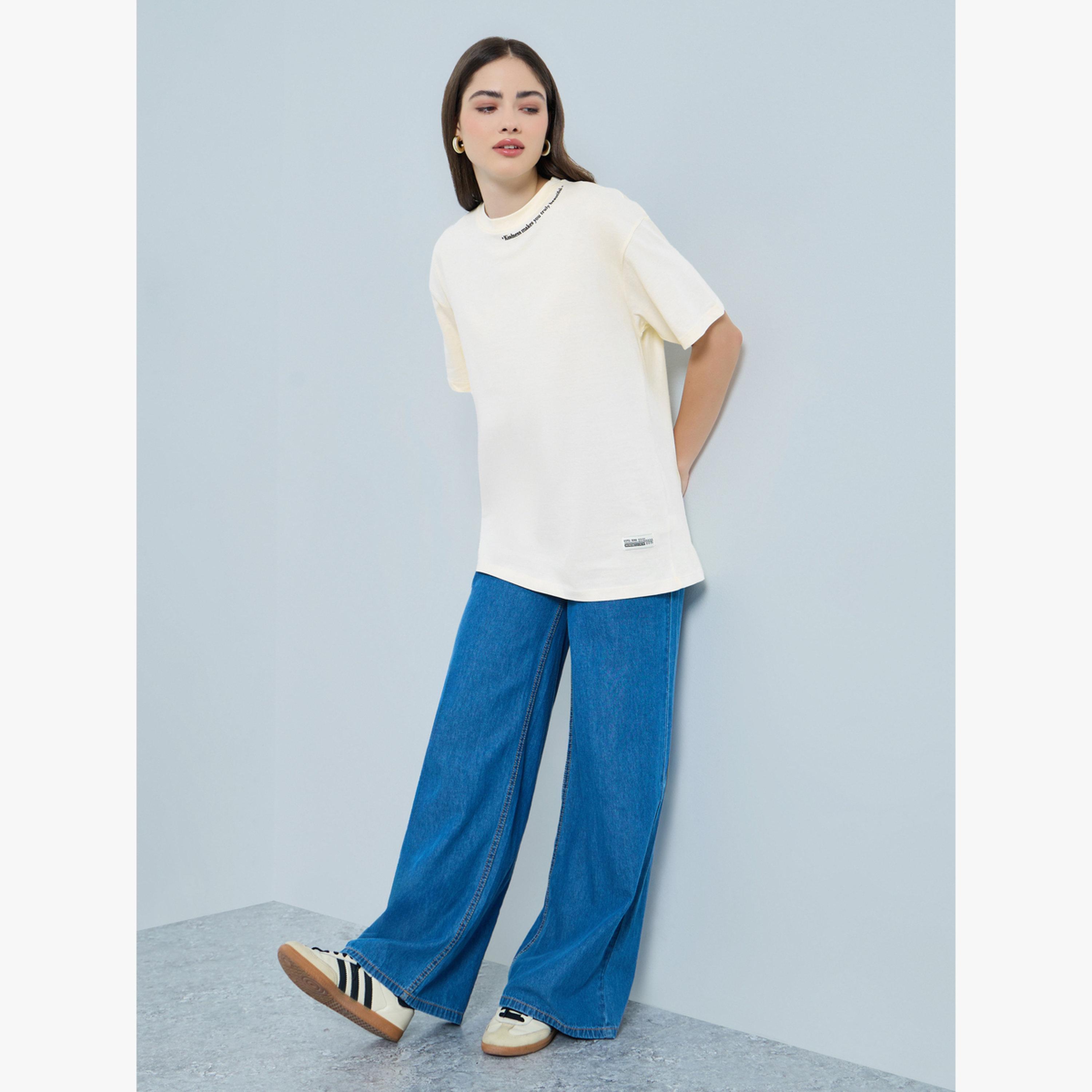 Styli Cream Oversized Crew Neck Cotton T-Shirt-women-clothing-tshirts-image-2