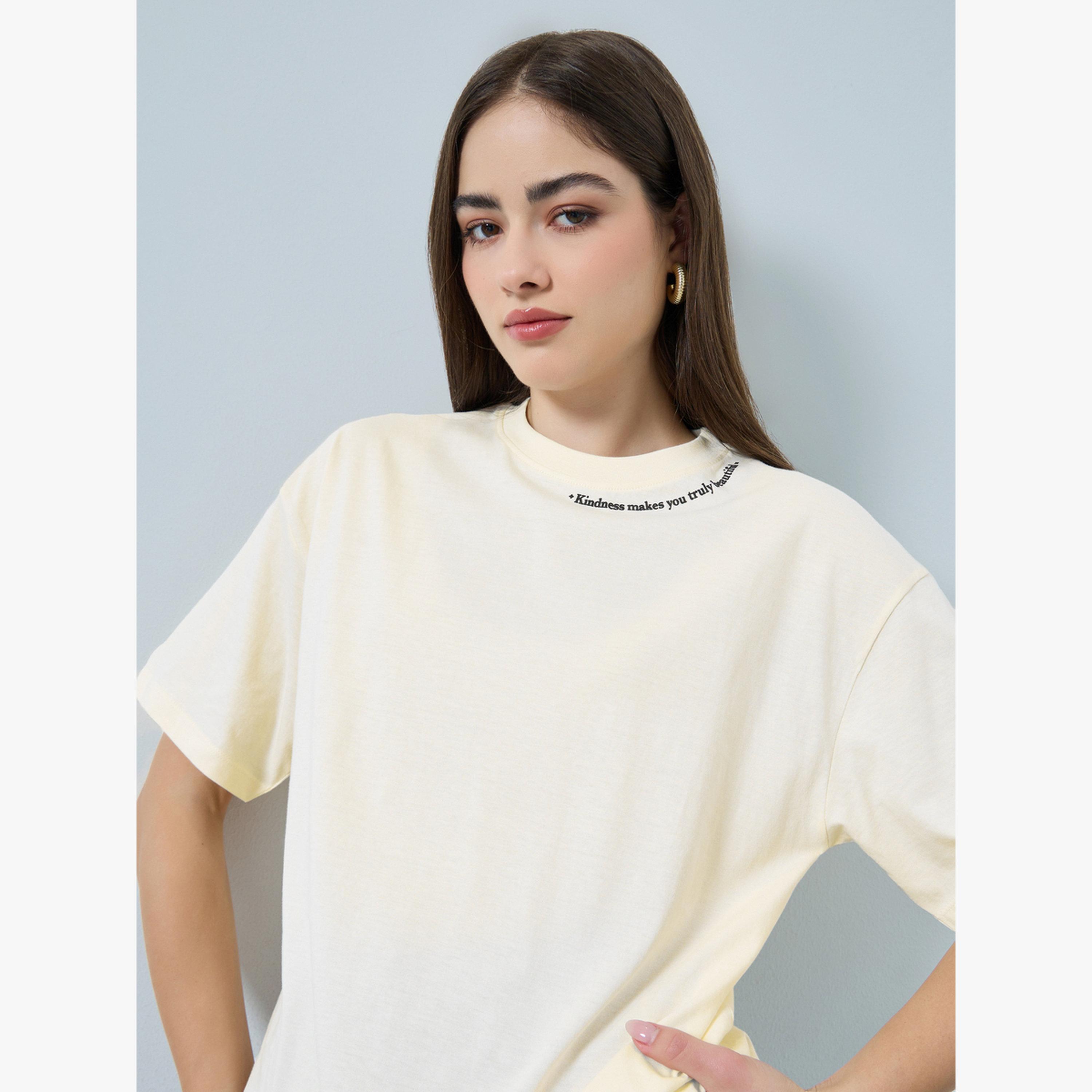Styli Cream Oversized Crew Neck Cotton T-Shirt-women-clothing-tshirts-image-3
