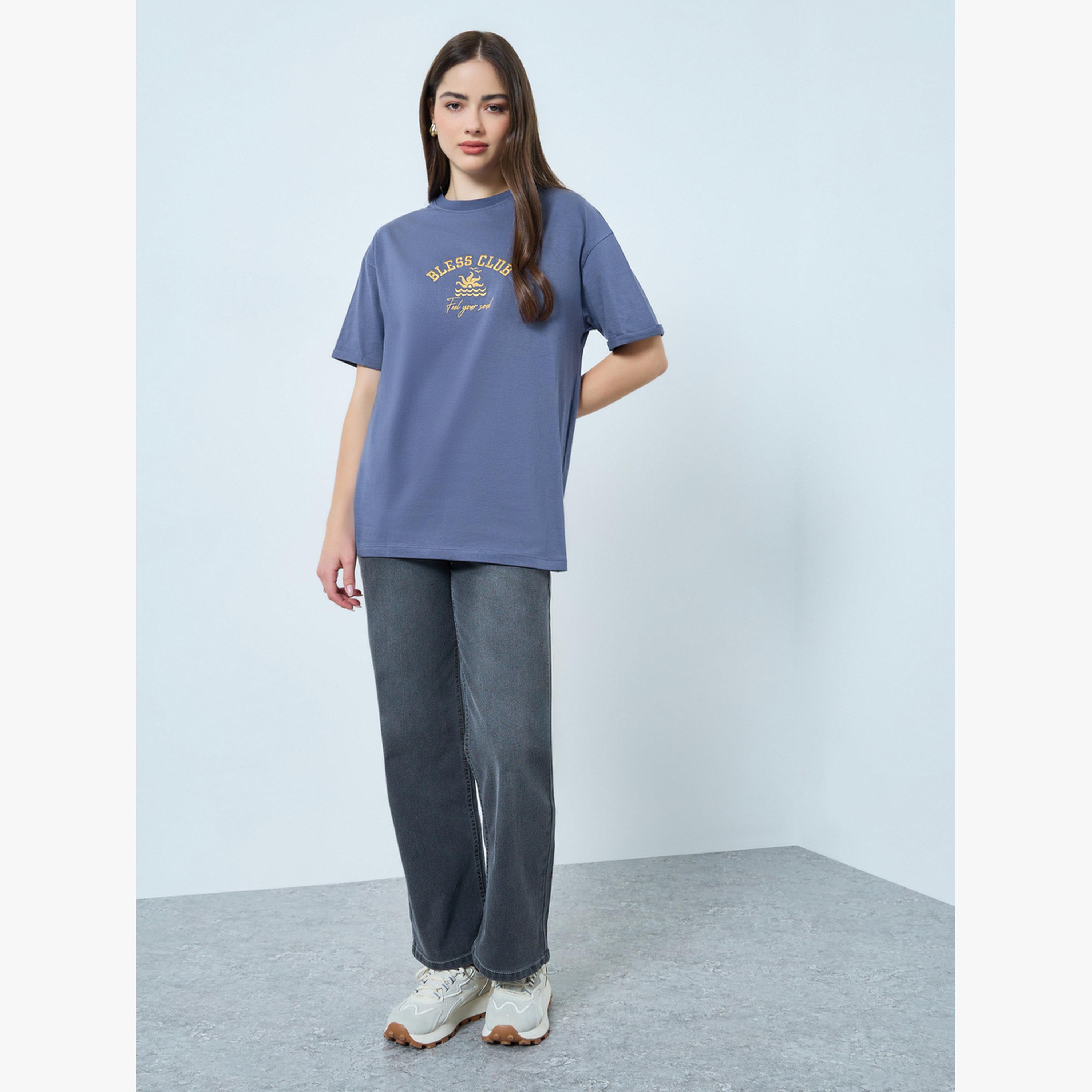 Styli Blue Oversized Cotton T-Shirt-women-clothing-tshirts-image-2