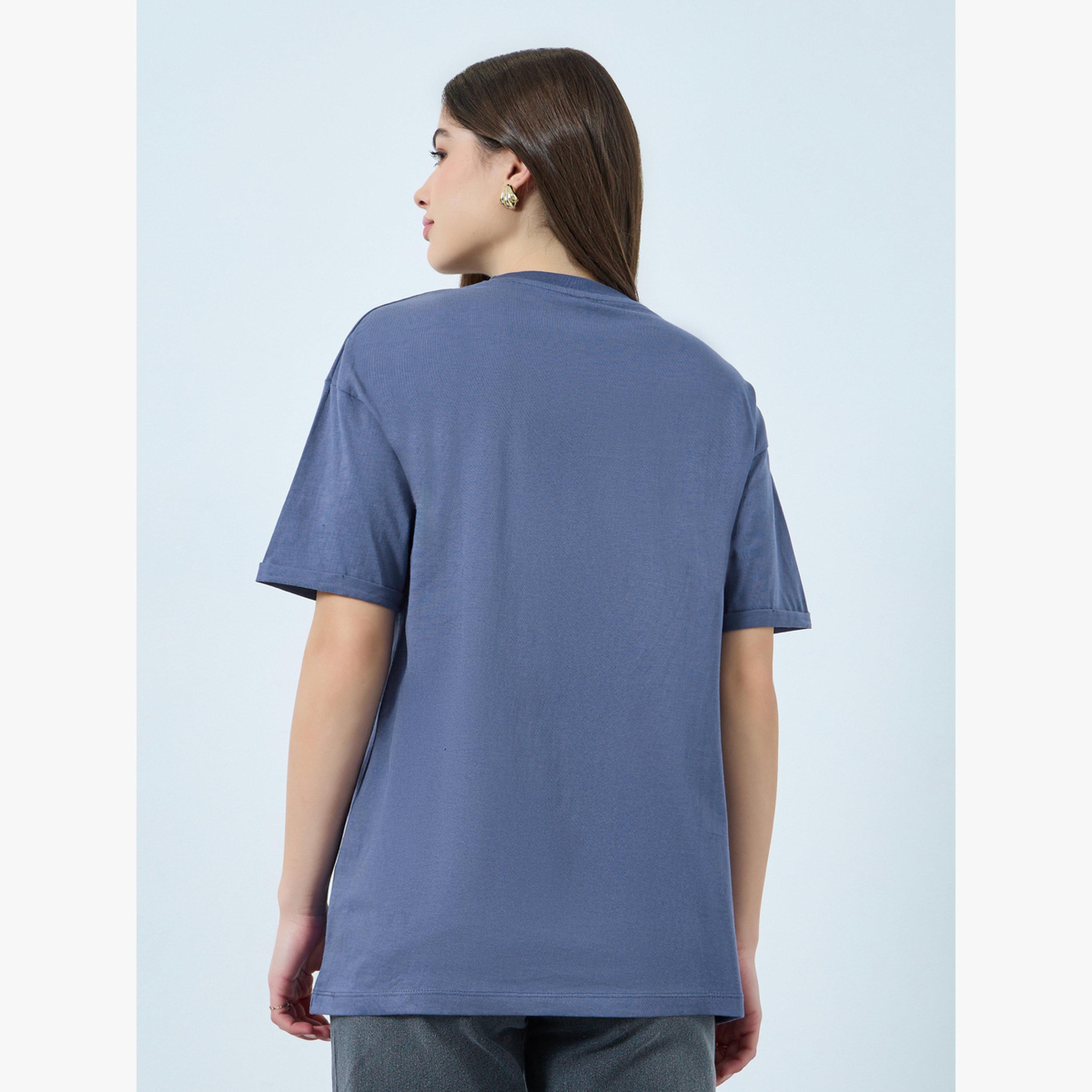 Styli Blue Oversized Cotton T-Shirt-women-clothing-tshirts-image-3