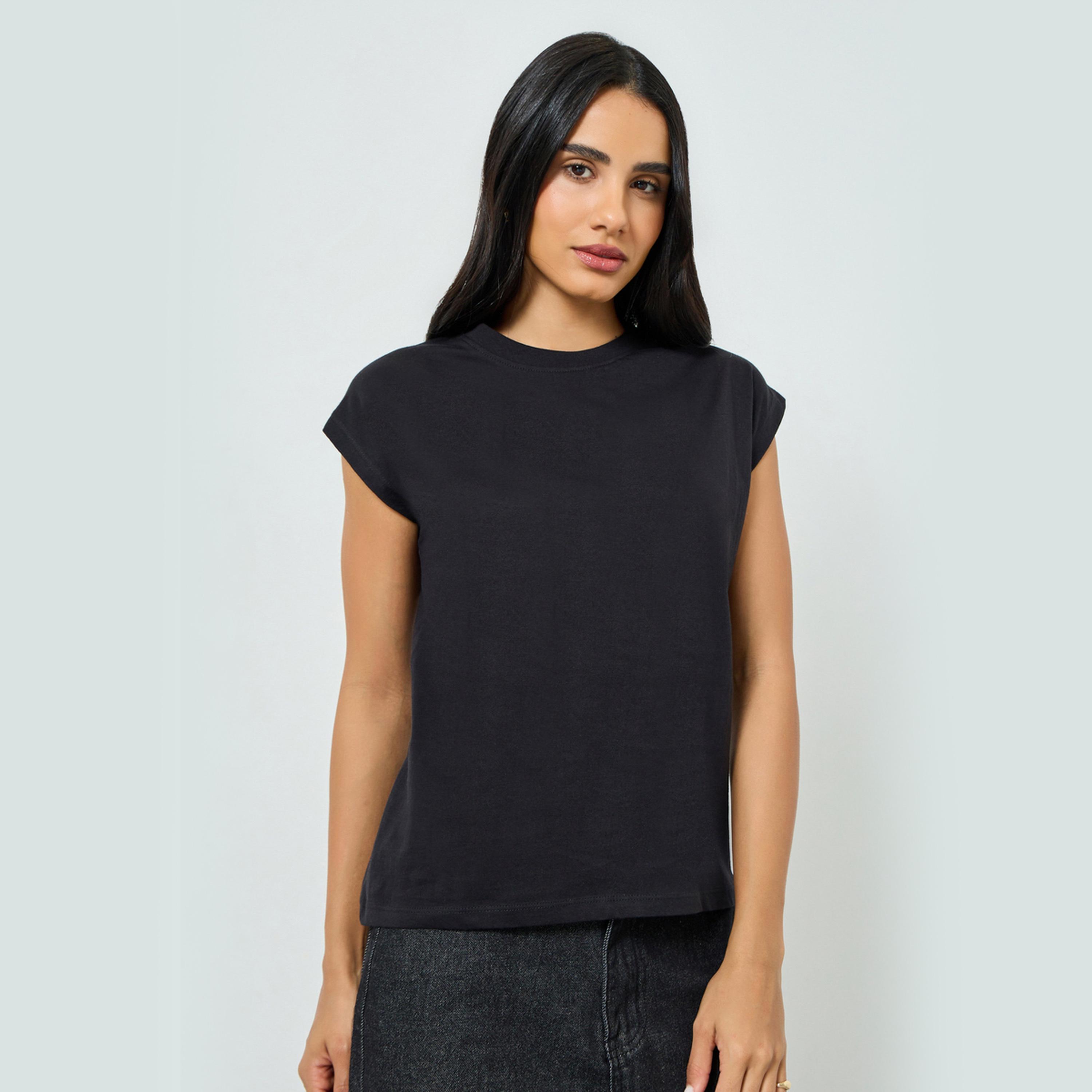 Styli Black Cotton Cap Sleeve T-Shirt-women-clothing-tshirts-image-1