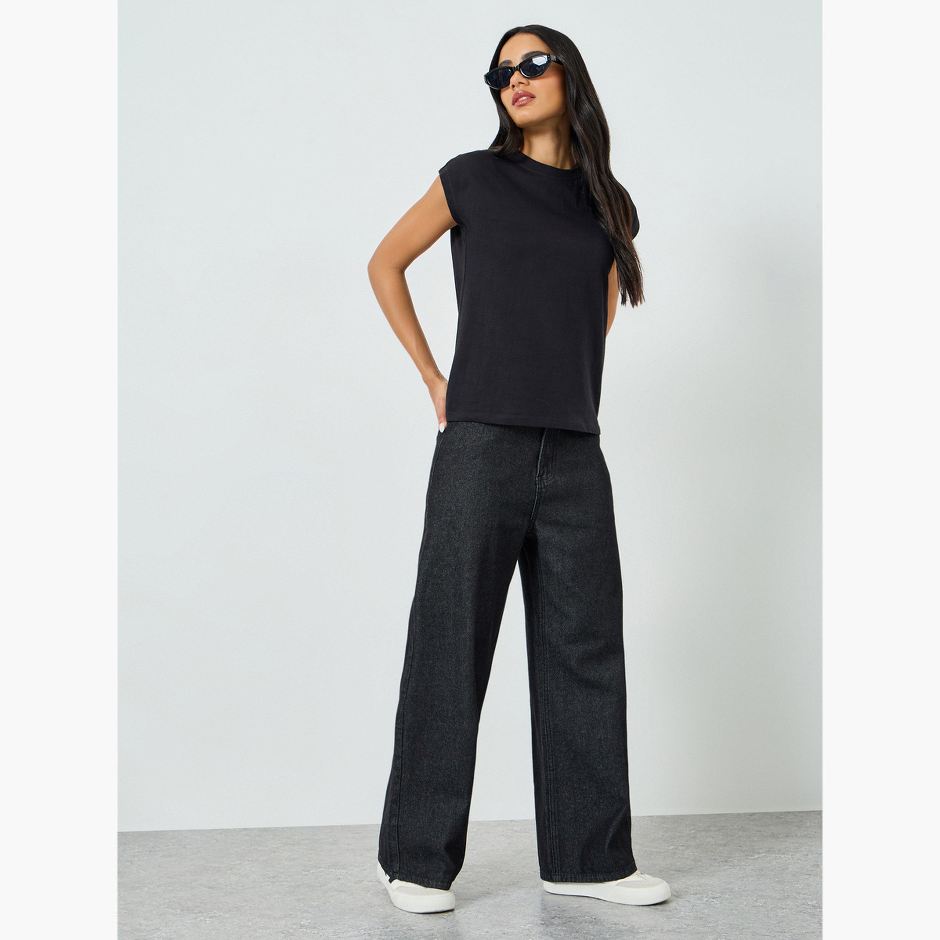 Styli Black Cotton Cap Sleeve T-Shirt-women-clothing-tshirts-image-2