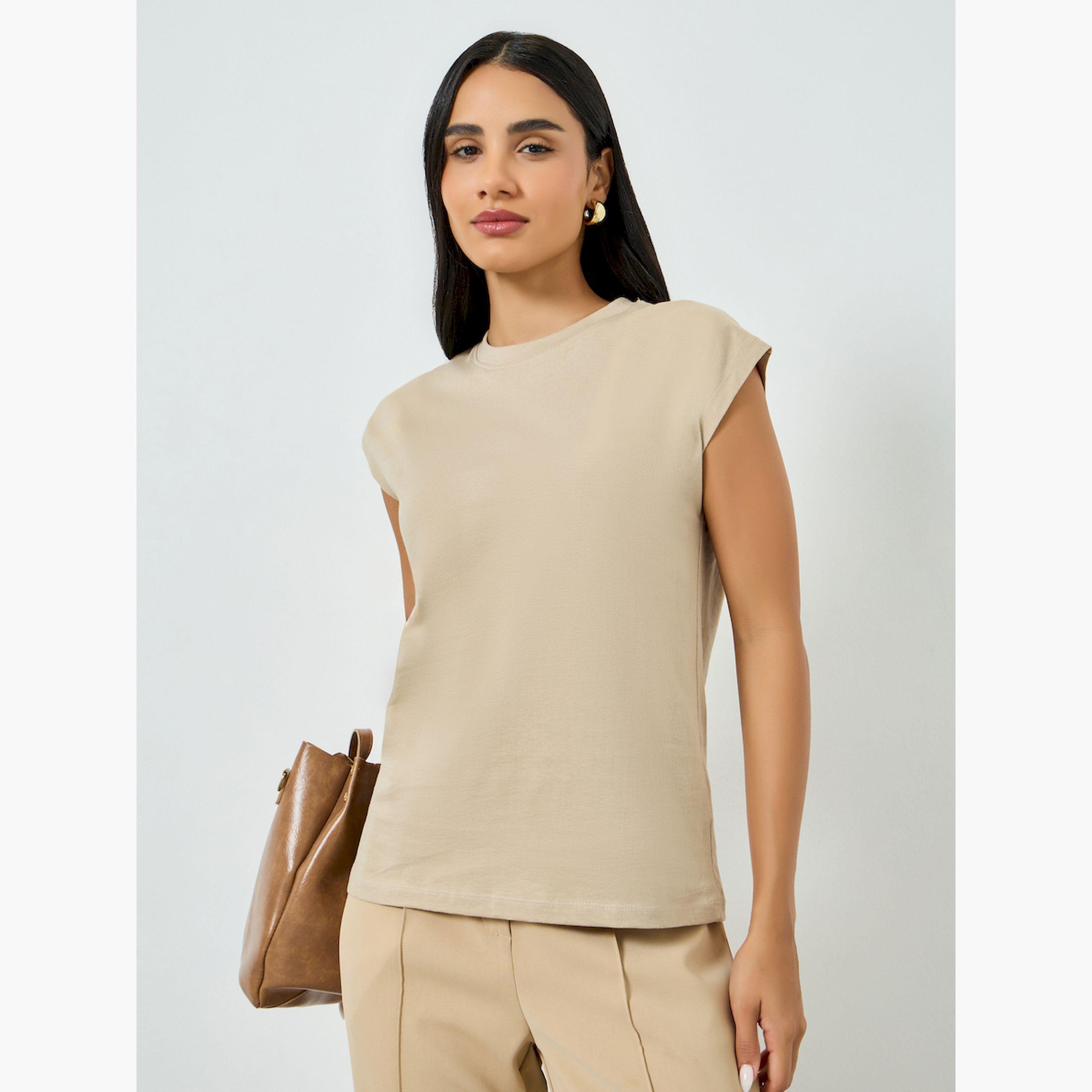 Styli Beige Cotton Cap Sleeve T-Shirt-women-clothing-tshirts-image-1