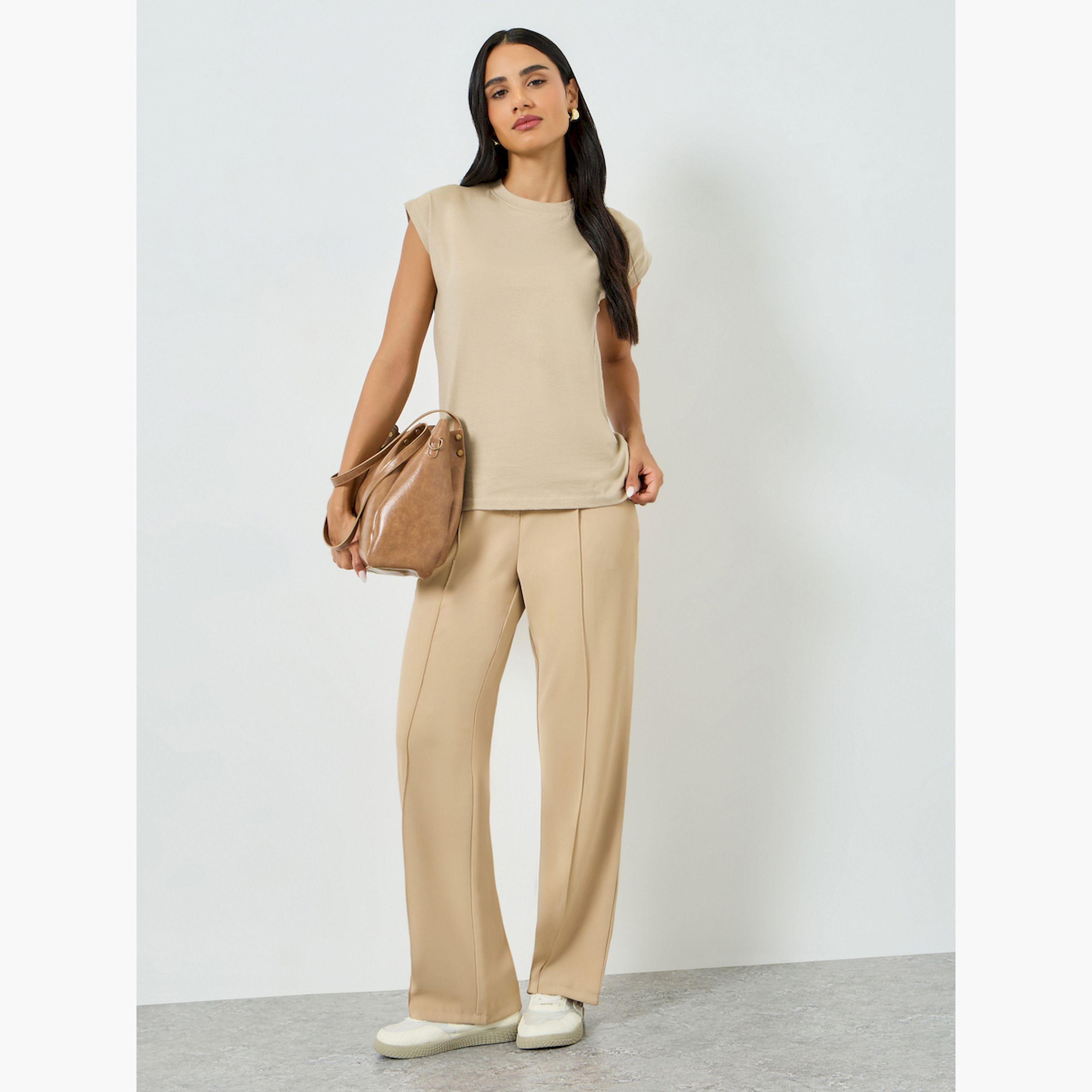 Styli Beige Cotton Cap Sleeve T-Shirt-women-clothing-tshirts-image-2