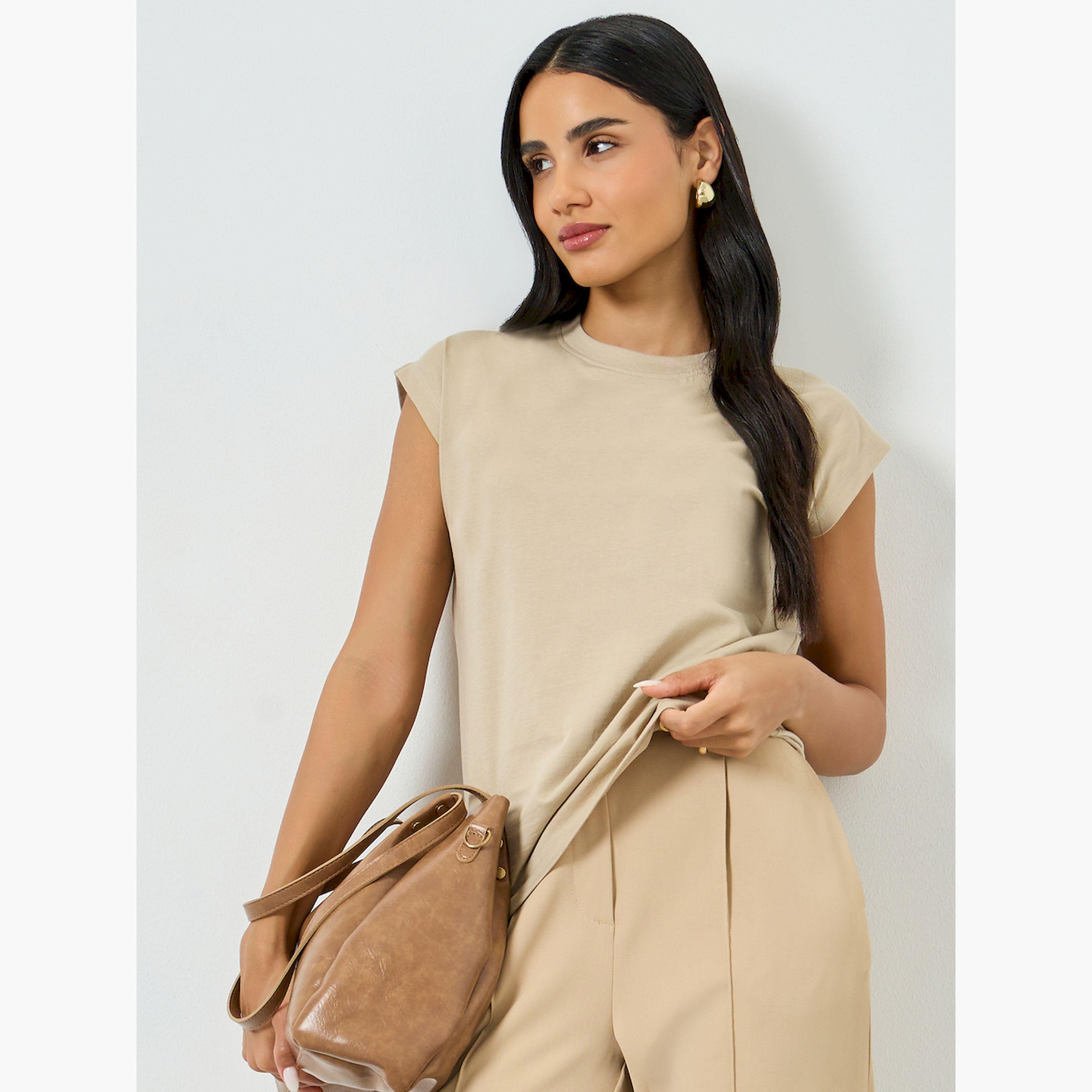 Styli Beige Cotton Cap Sleeve T-Shirt-women-clothing-tshirts-image-3