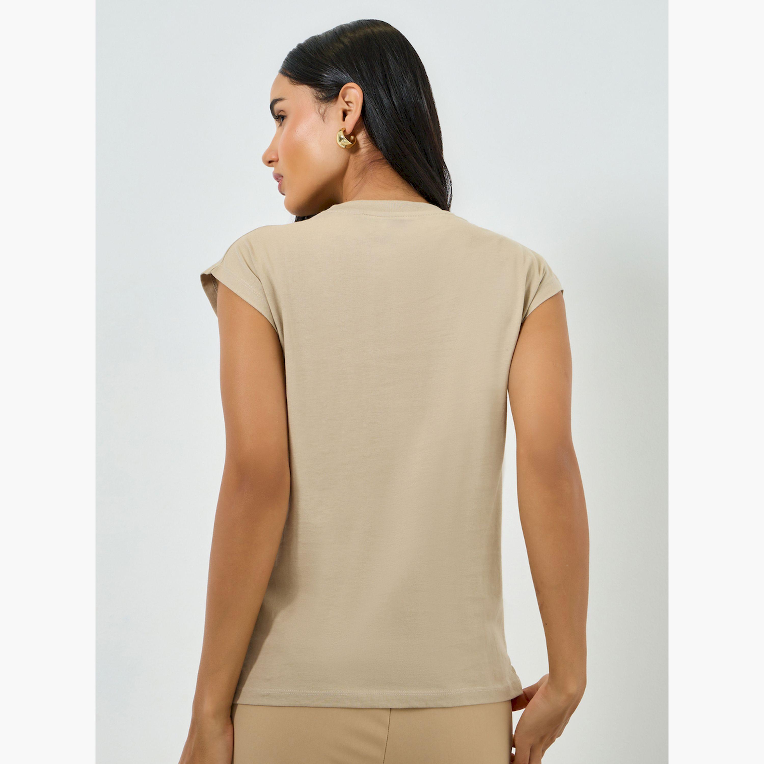 Styli Beige Cotton Cap Sleeve T-Shirt-women-clothing-tshirts-image-4