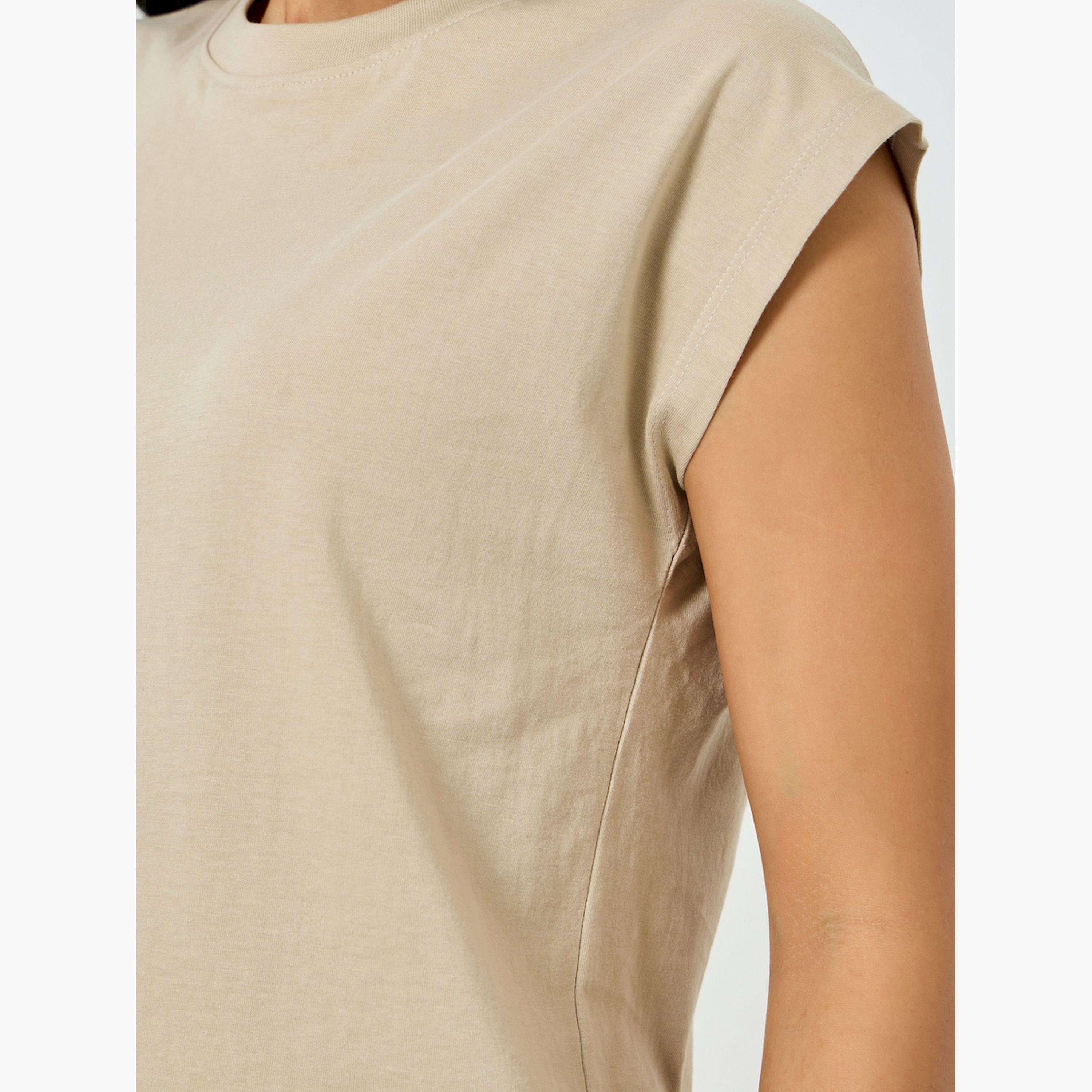 Styli Beige Cotton Cap Sleeve T-Shirt-women-clothing-tshirts-image-5