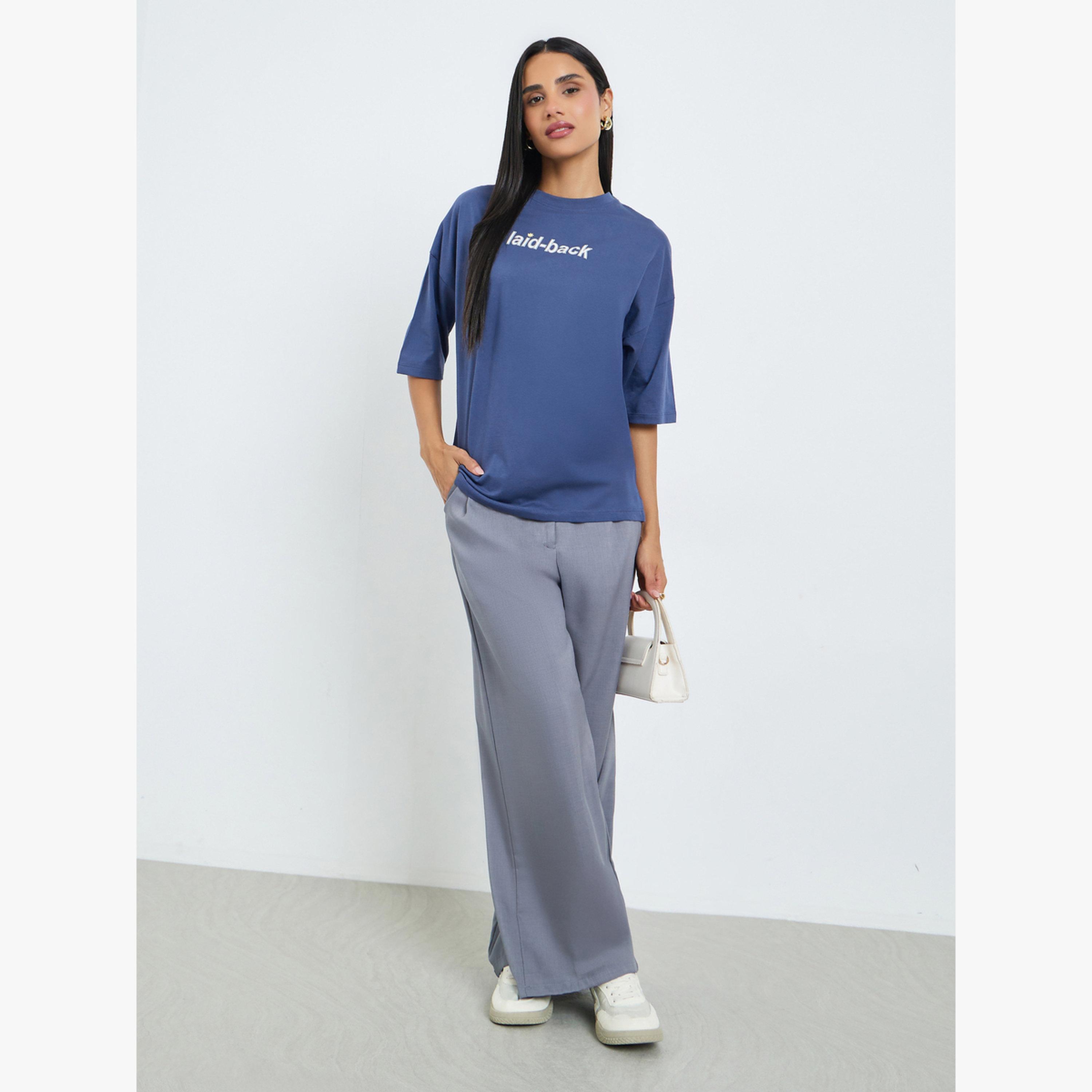 Styli Blue Laid-Back Front and Back Puff Print 100% Cotton Oversized T-Shirt-women-clothing-tshirts-image-2