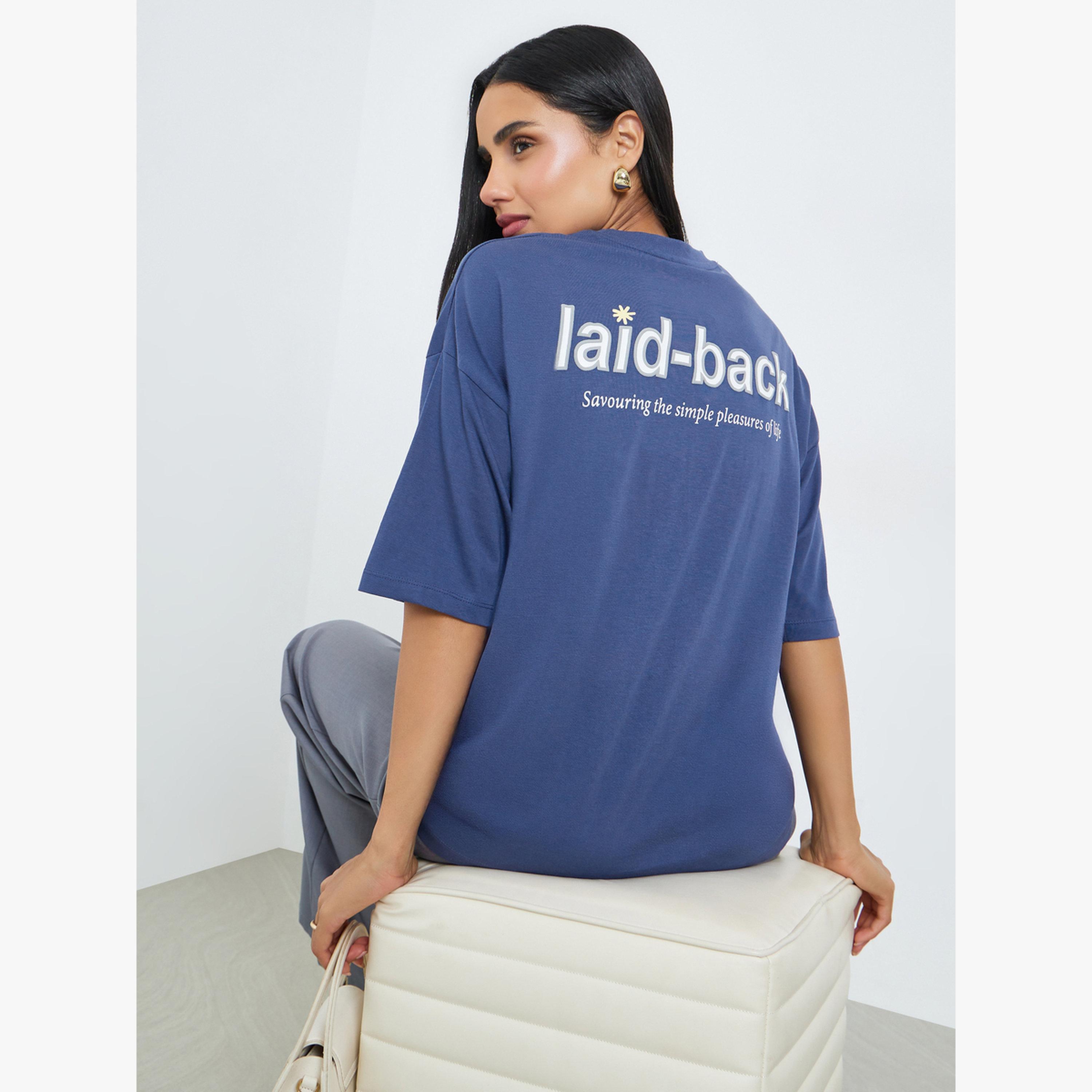 Styli Blue Laid-Back Front and Back Puff Print 100% Cotton Oversized T-Shirt-women-clothing-tshirts-image-3