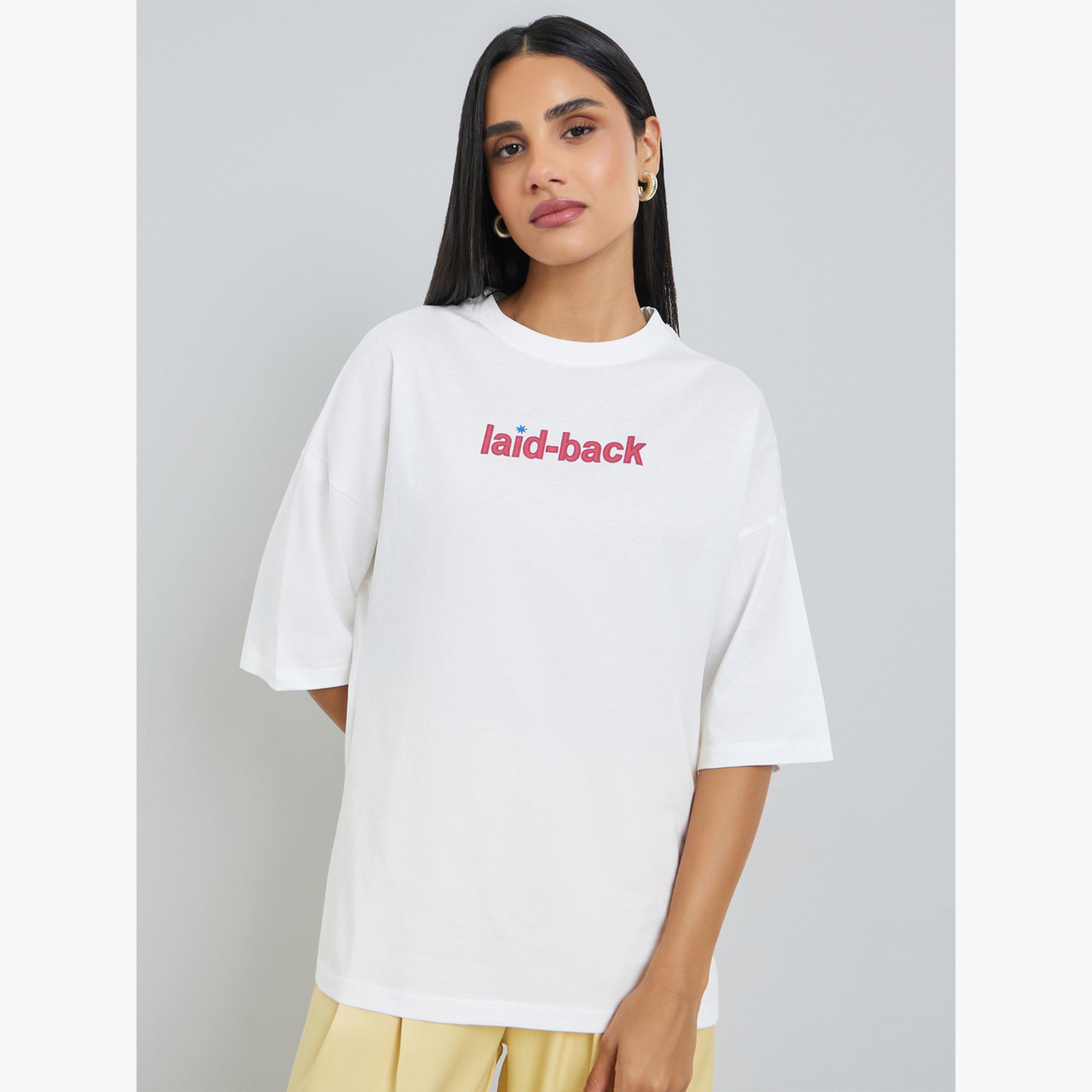 تي شيرت قطن 100% بقصة واسعة وطبعة منفوخة من الأمام والخلف-women-clothing-tshirts-image-1