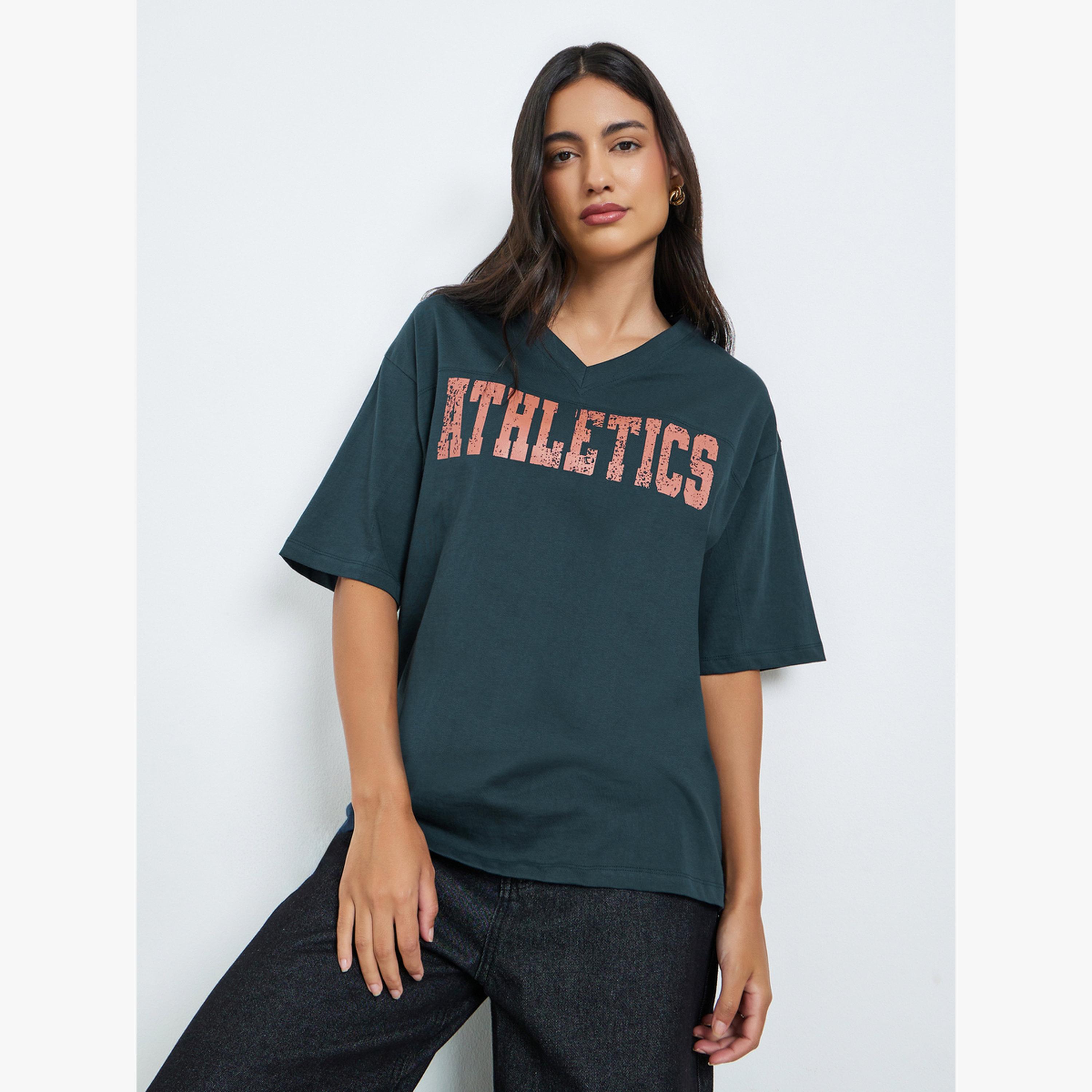 Styli Navy Oversized Athletics Print Cotton T-Shirt-women-clothing-tshirts-image-1