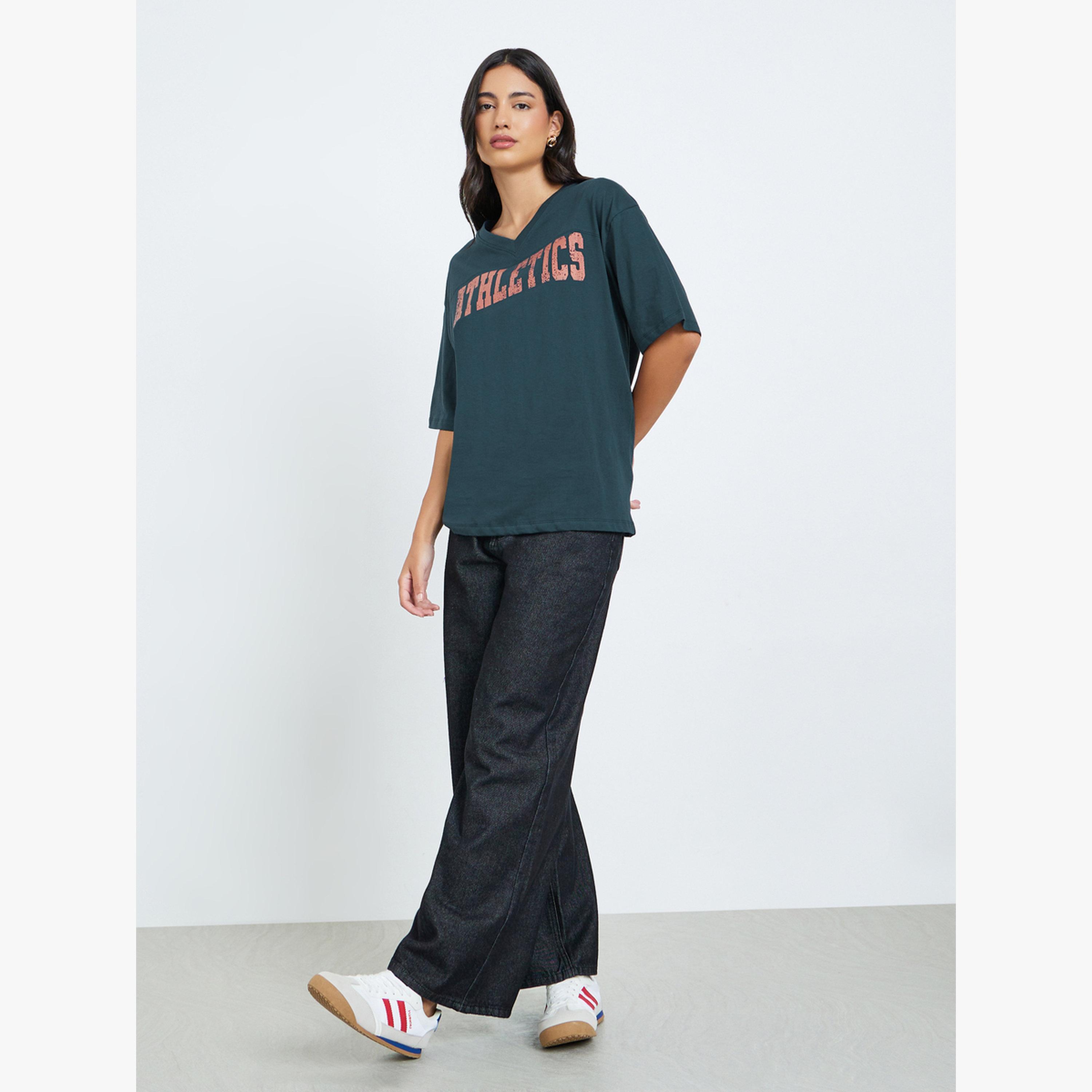 Styli Navy Oversized Athletics Print Cotton T-Shirt-women-clothing-tshirts-image-2