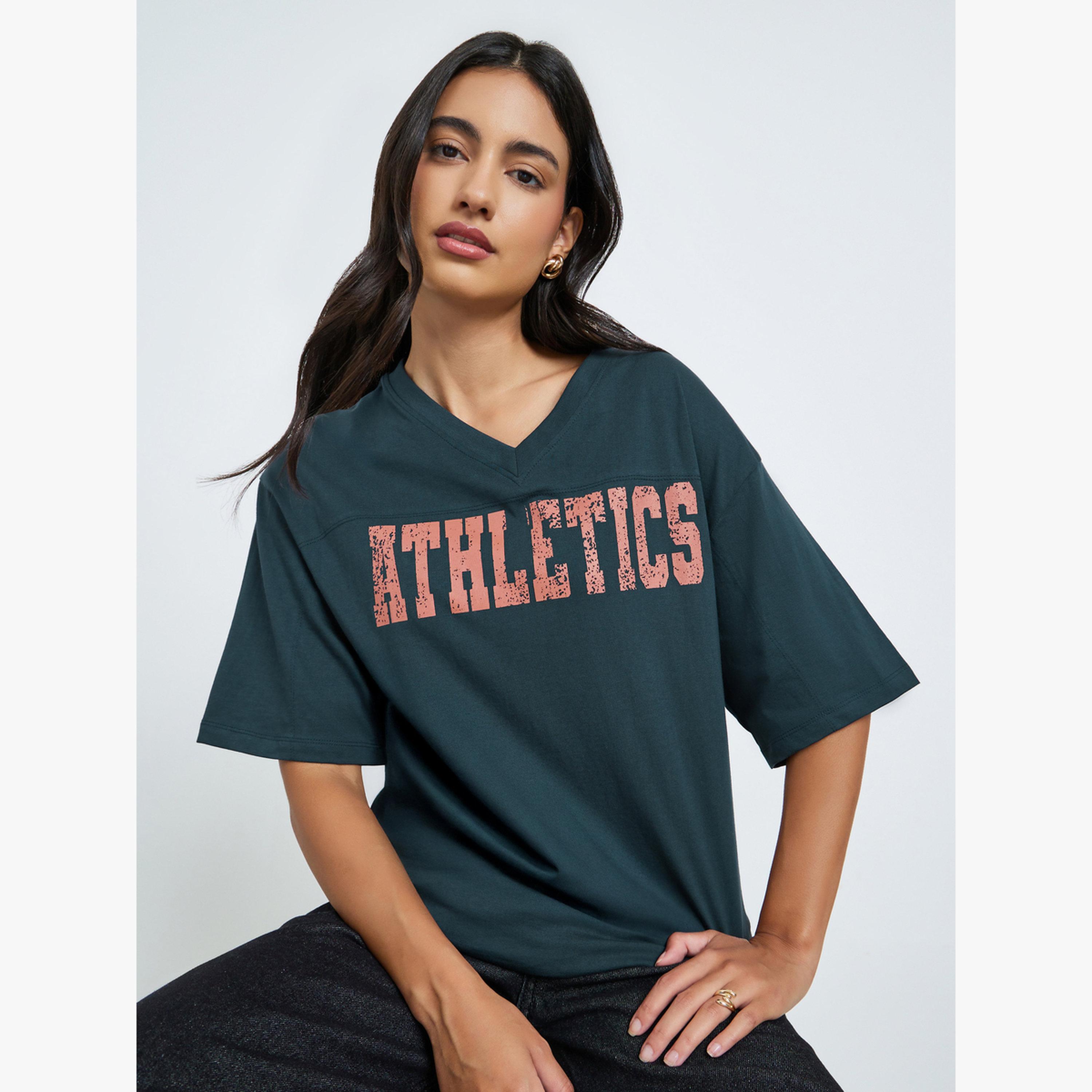 Styli Navy Oversized Athletics Print Cotton T-Shirt-women-clothing-tshirts-image-3