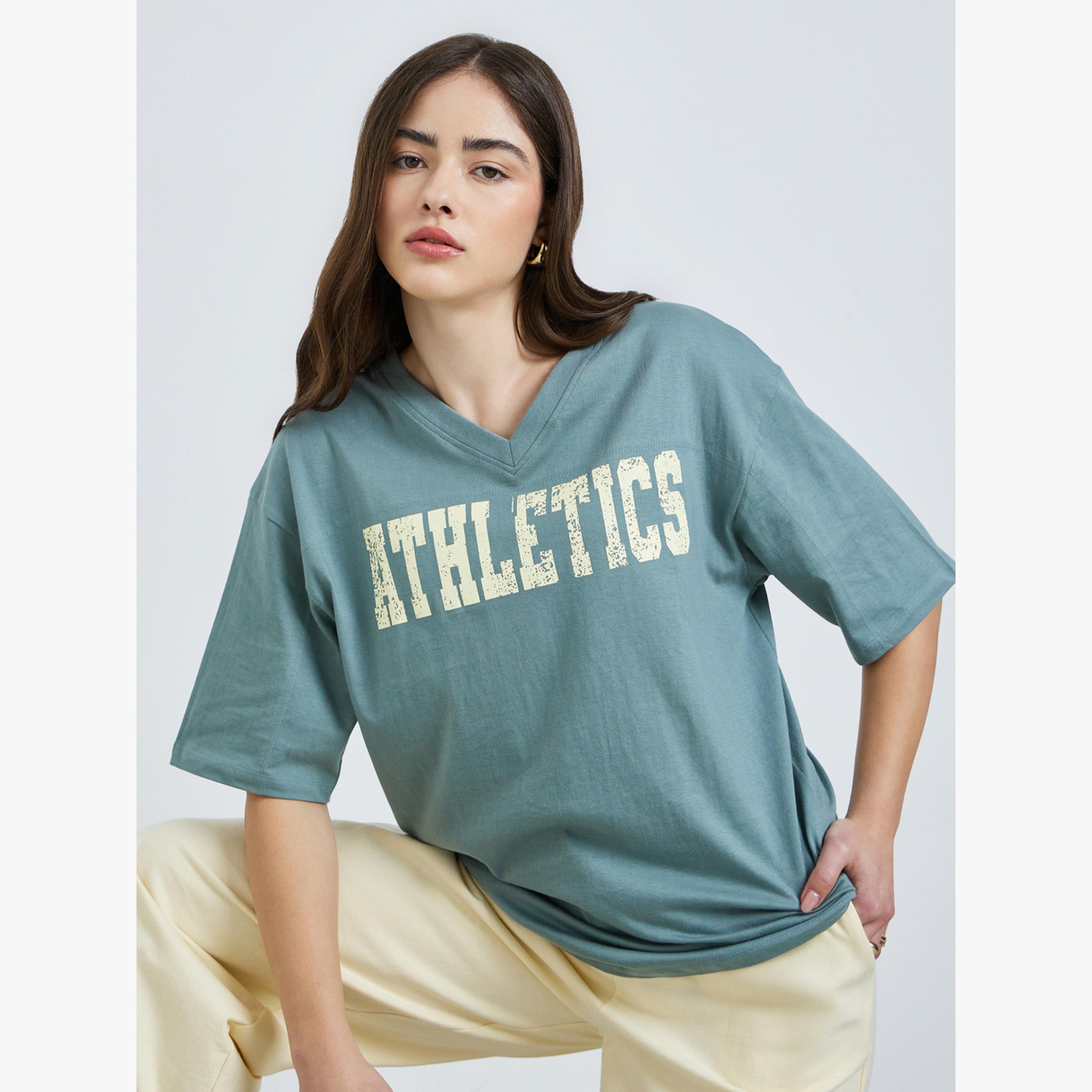 Styli Green Oversized Athletics Print Cotton T-Shirt-women-clothing-tshirts-image-4