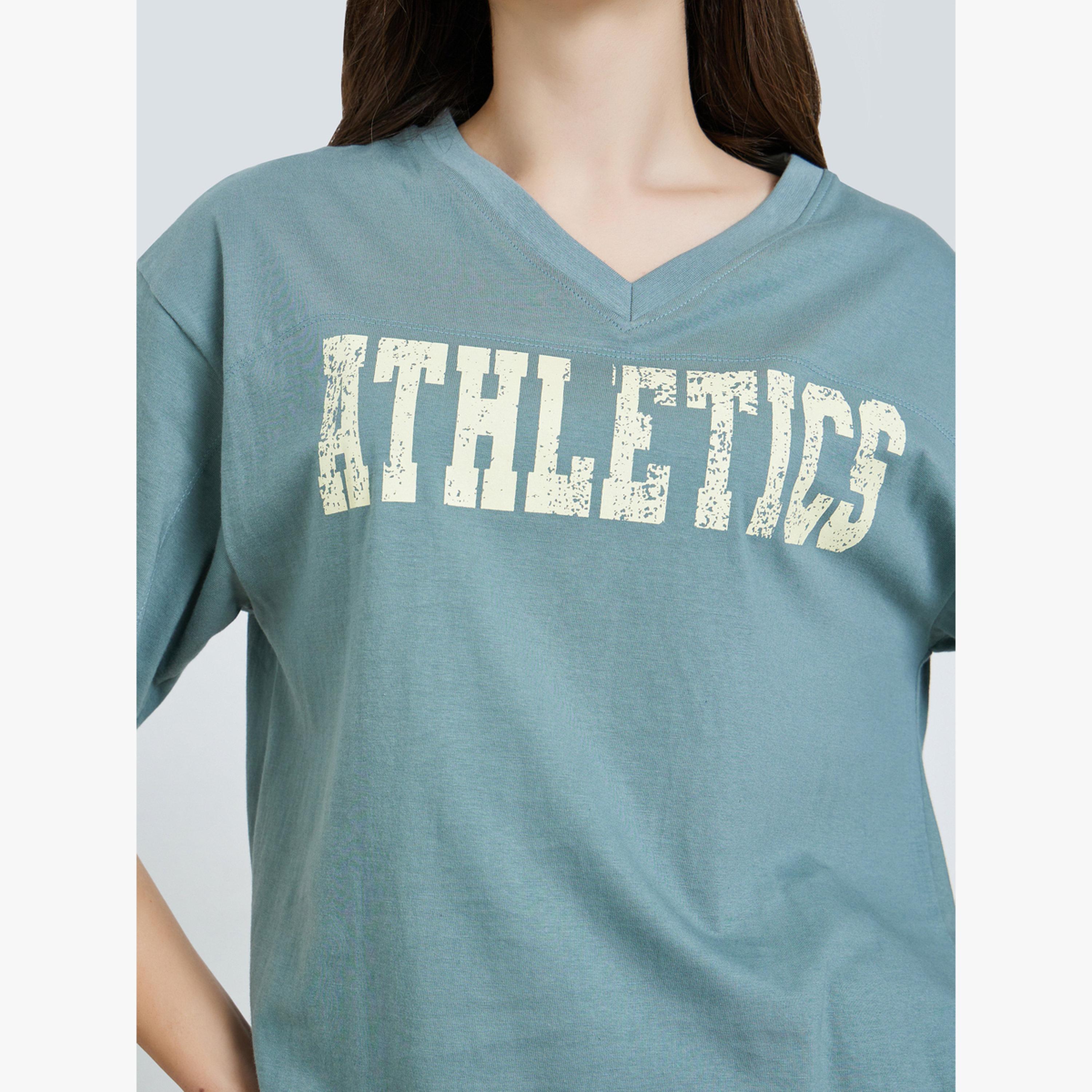 Styli Green Oversized Athletics Print Cotton T-Shirt-women-clothing-tshirts-image-5