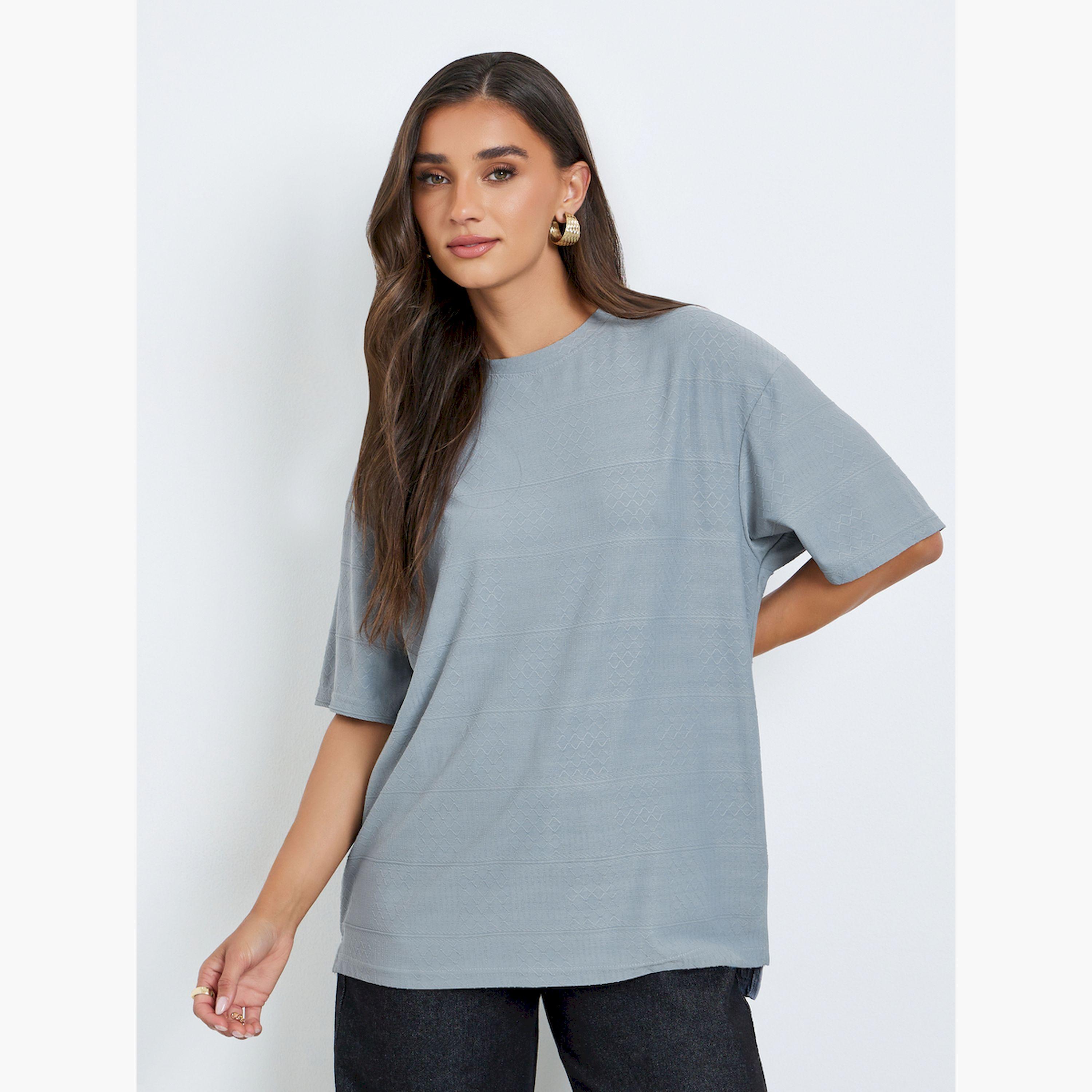Styli Grey Textured Round Neck Relaxed Fit T-Shirt-women-clothing-tshirts-image-1