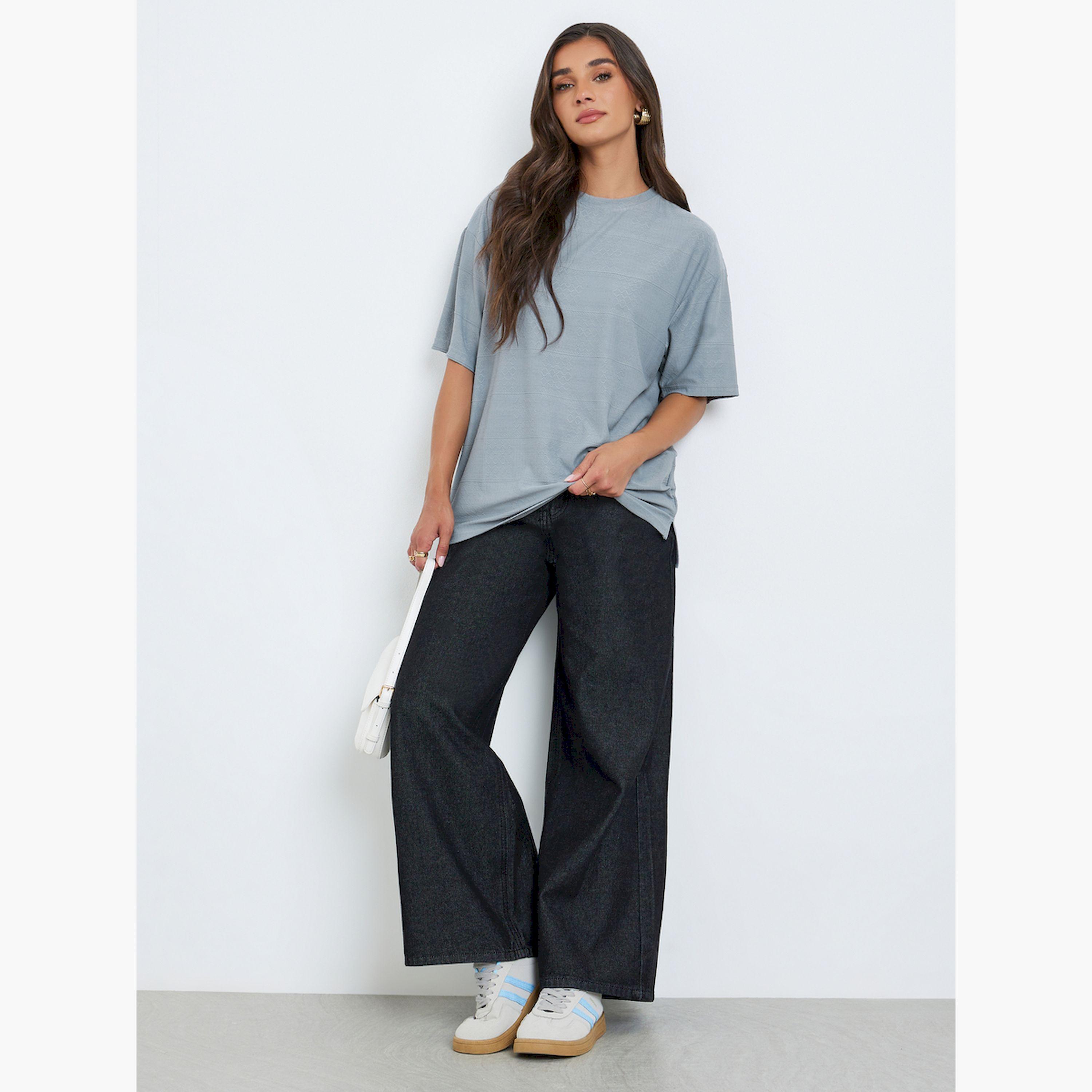 Styli Grey Textured Round Neck Relaxed Fit T-Shirt-women-clothing-tshirts-image-2