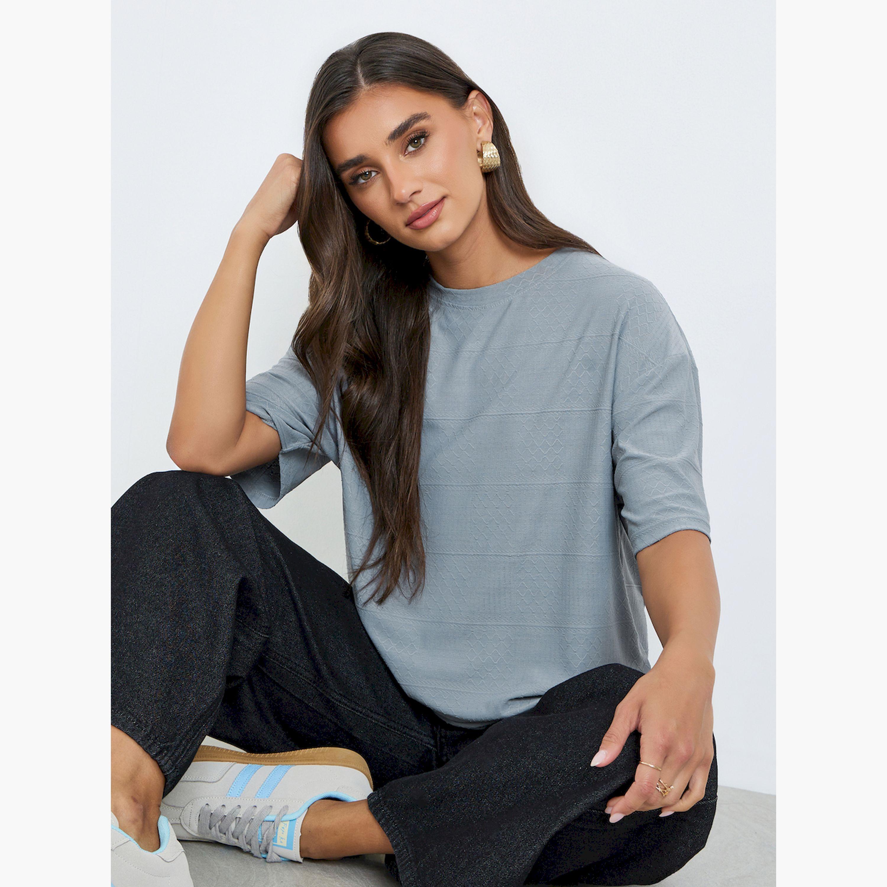 Styli Grey Textured Round Neck Relaxed Fit T-Shirt-women-clothing-tshirts-image-3