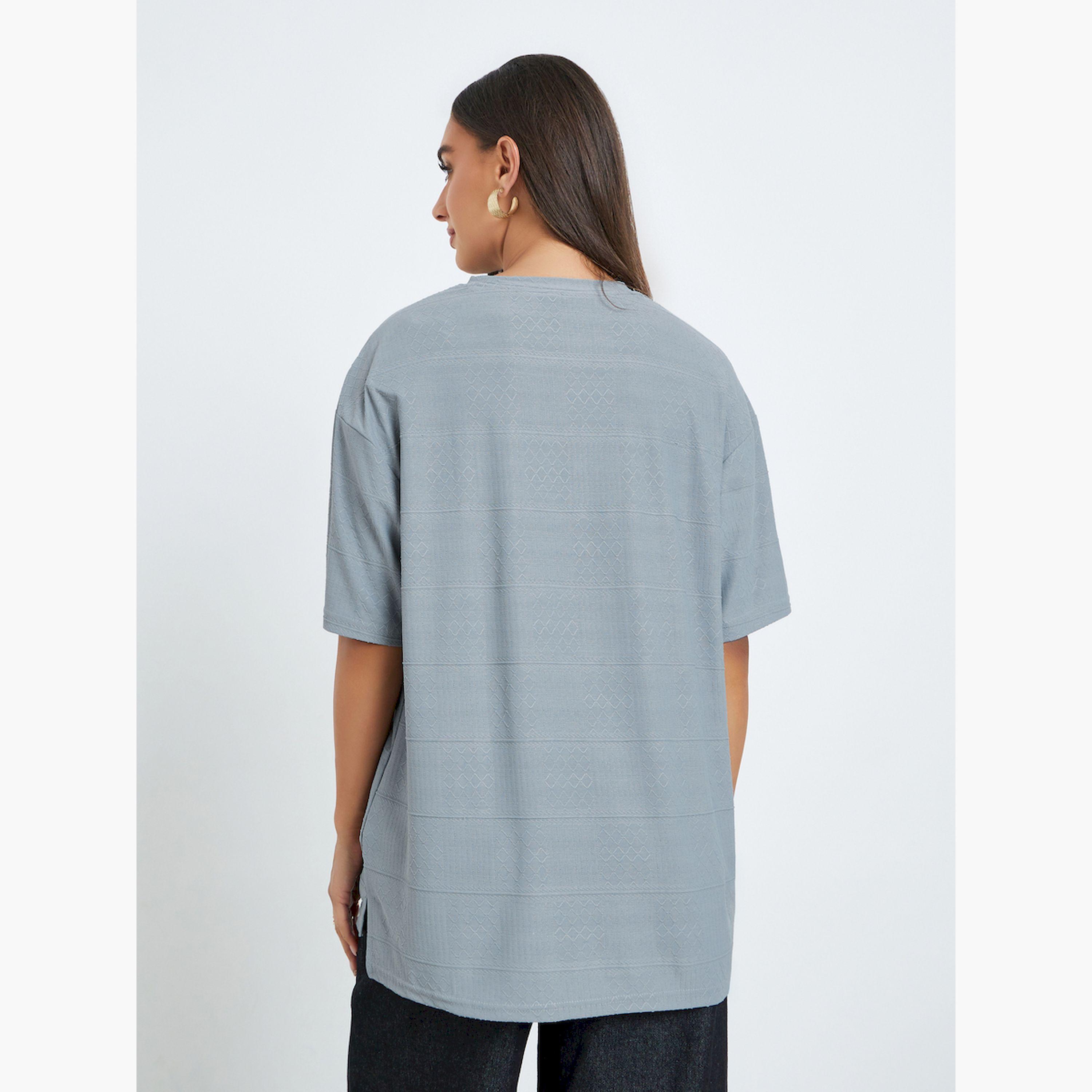 Styli Grey Textured Round Neck Relaxed Fit T-Shirt-women-clothing-tshirts-image-4