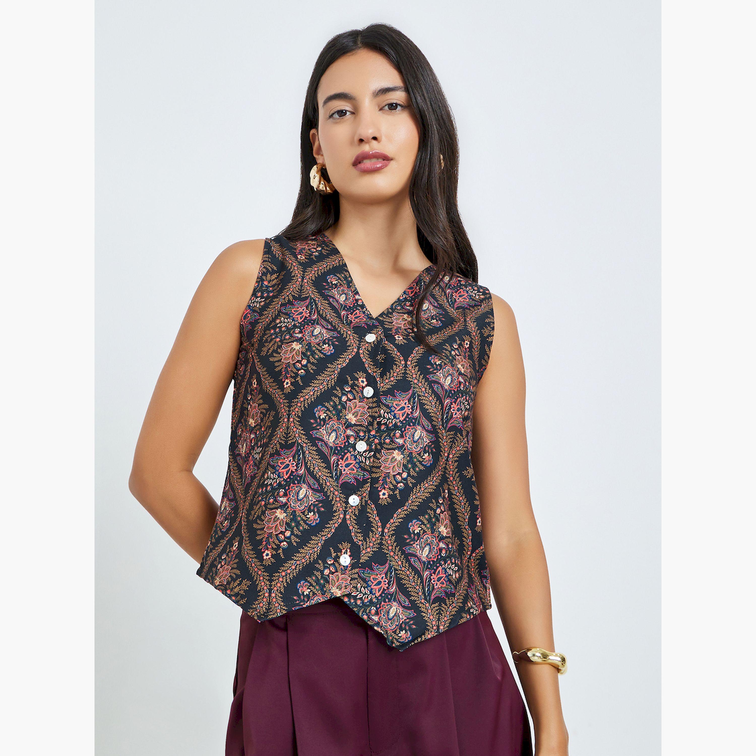 Styli Black Floral Print Sleeveless Waistcoat-women-clothing-shirtsandblouses-blouses-image-1
