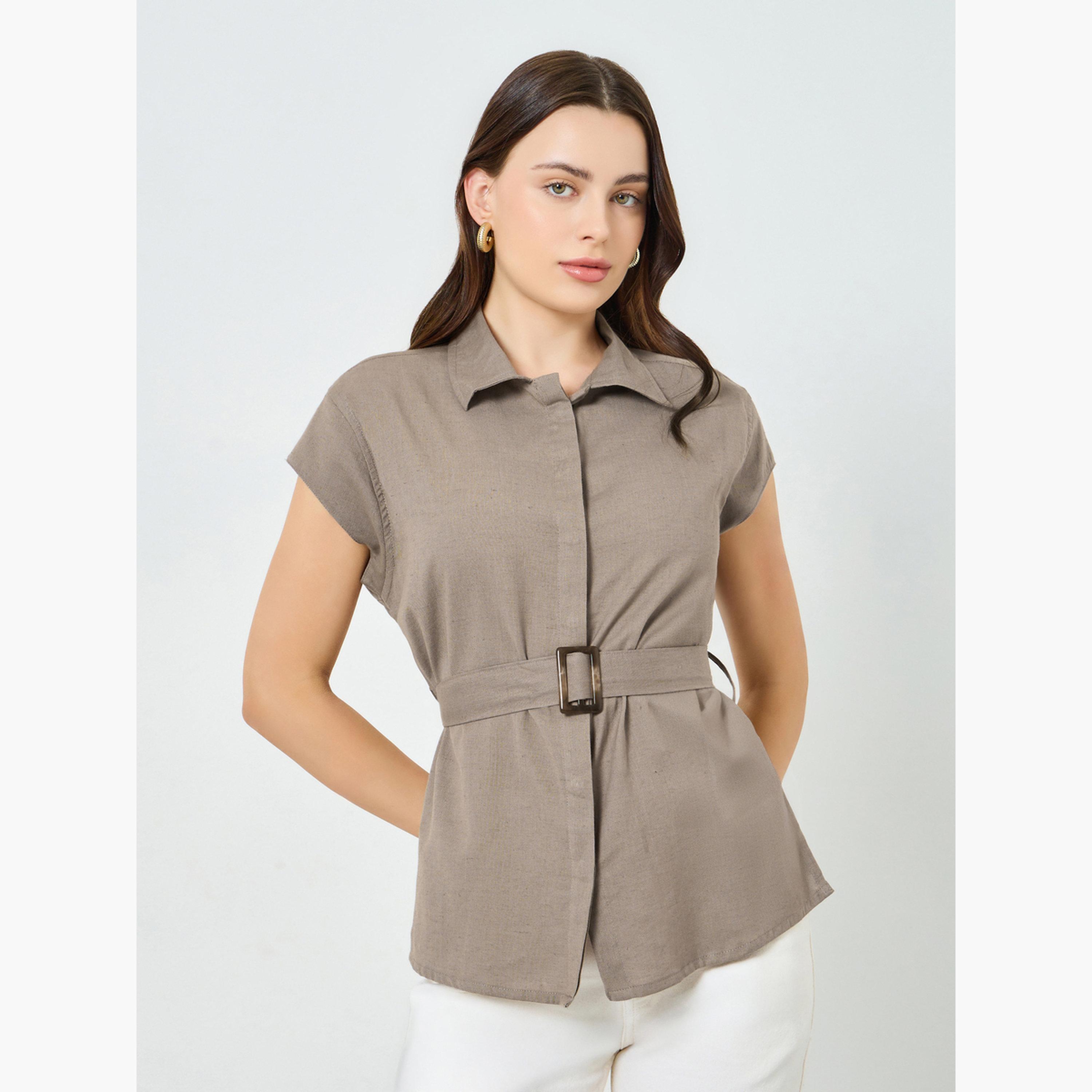 بلوزة بأكمام قصيرة وحزام-women-clothing-shirtsandblouses-shirts-image-1