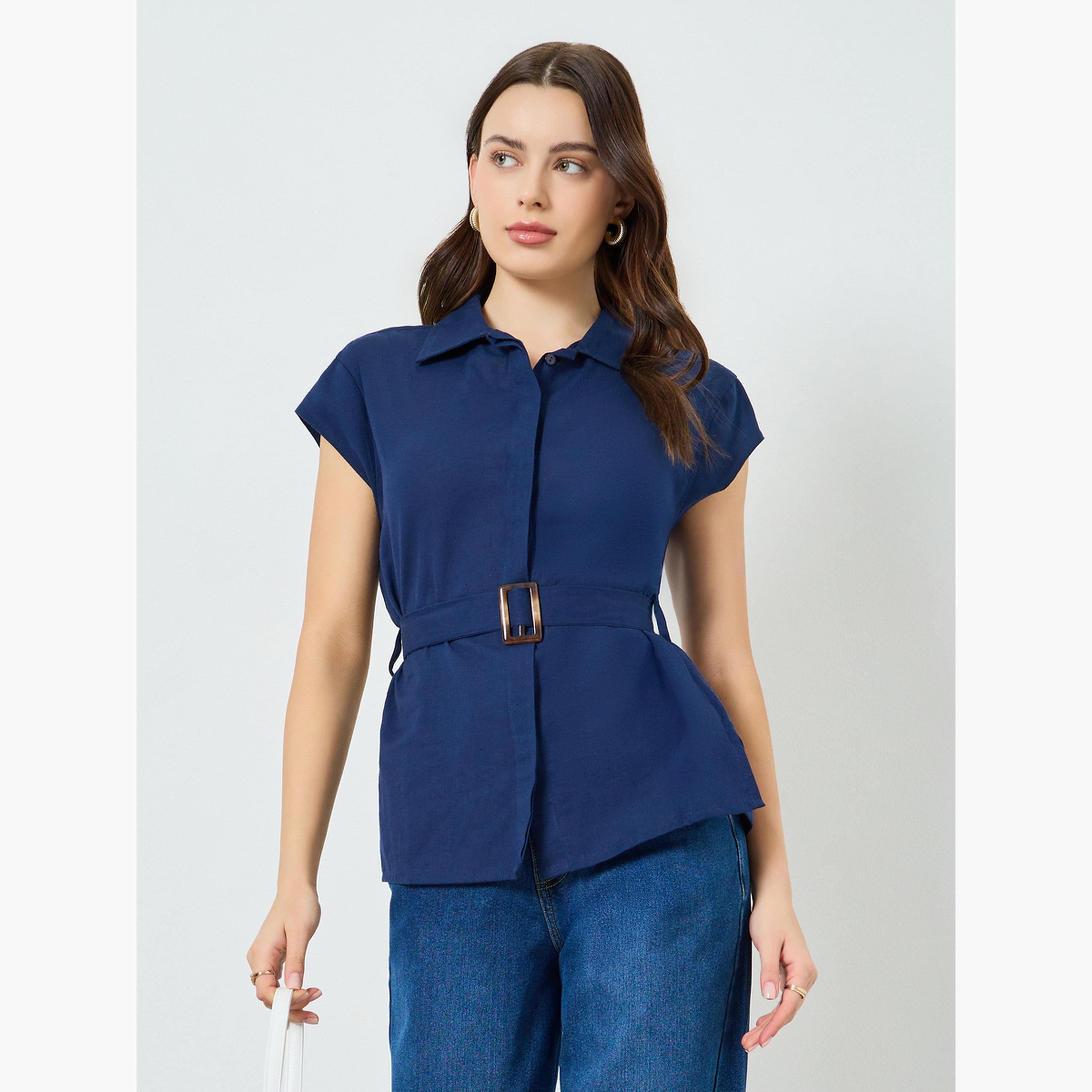 بلوزة بأكمام قصيرة وحزام-women-clothing-shirtsandblouses-shirts-image-1