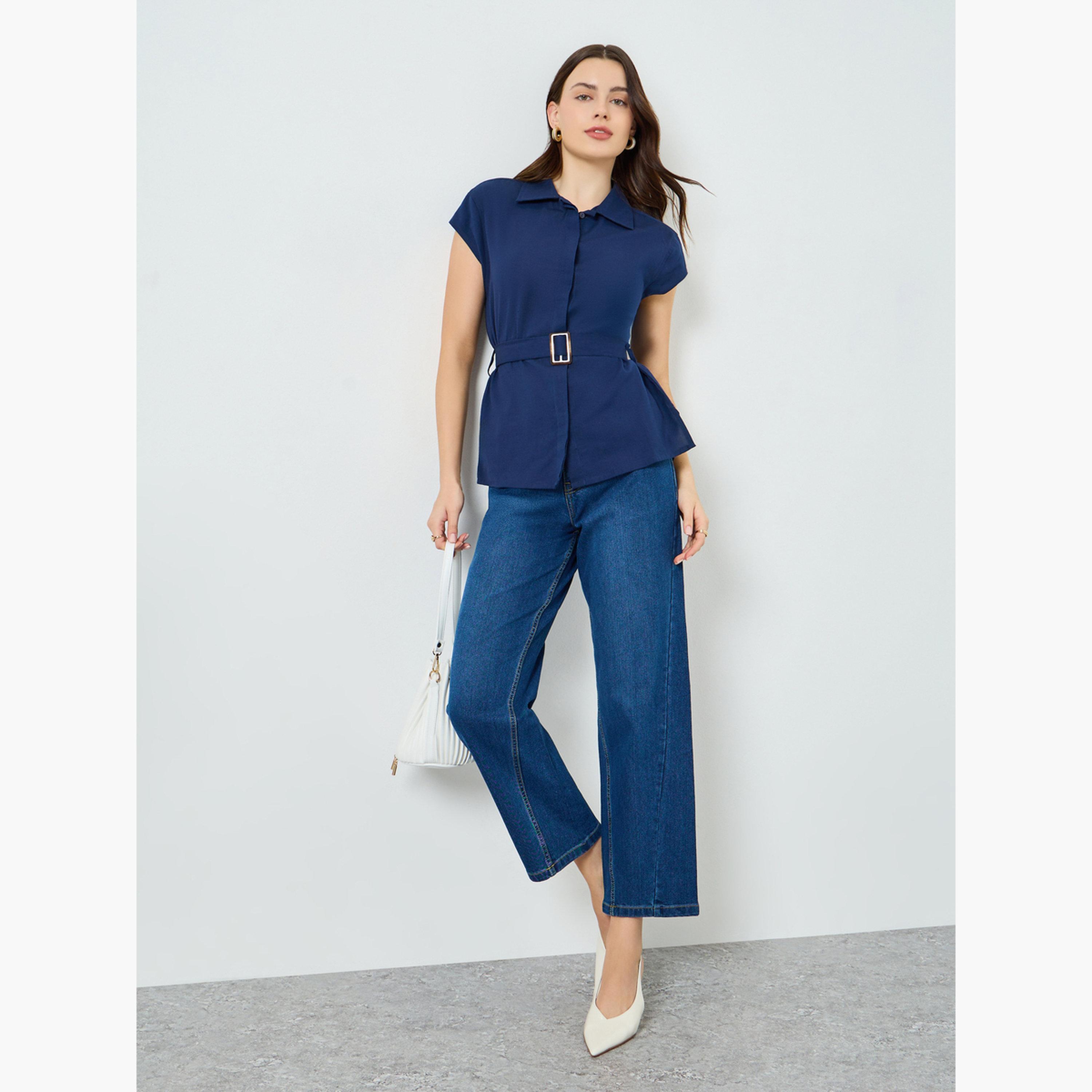 Styli Women Cap Sleeve Belted Shirt-women-clothing-shirtsandblouses-shirts-image-2